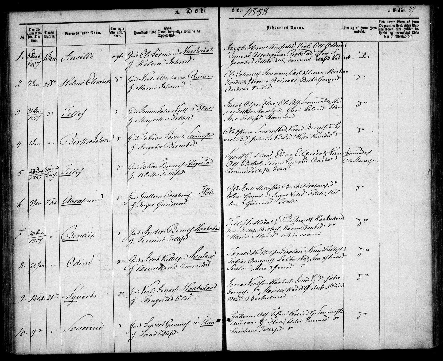 Birkenes sokneprestkontor, AV/SAK-1111-0004/F/Fa/L0003: Parish register (official) no. A 3, 1850-1866, p. 47