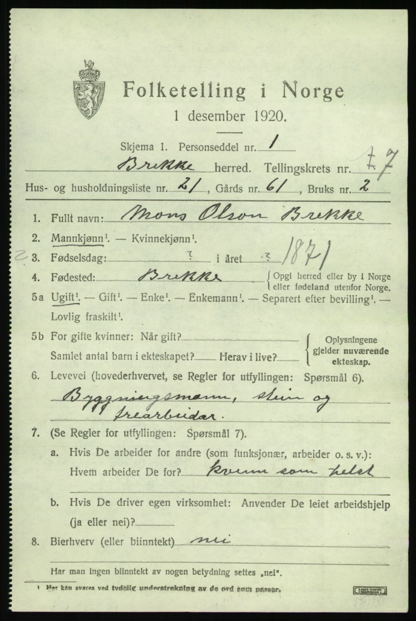 SAB, 1920 census for Brekke, 1920, p. 1722