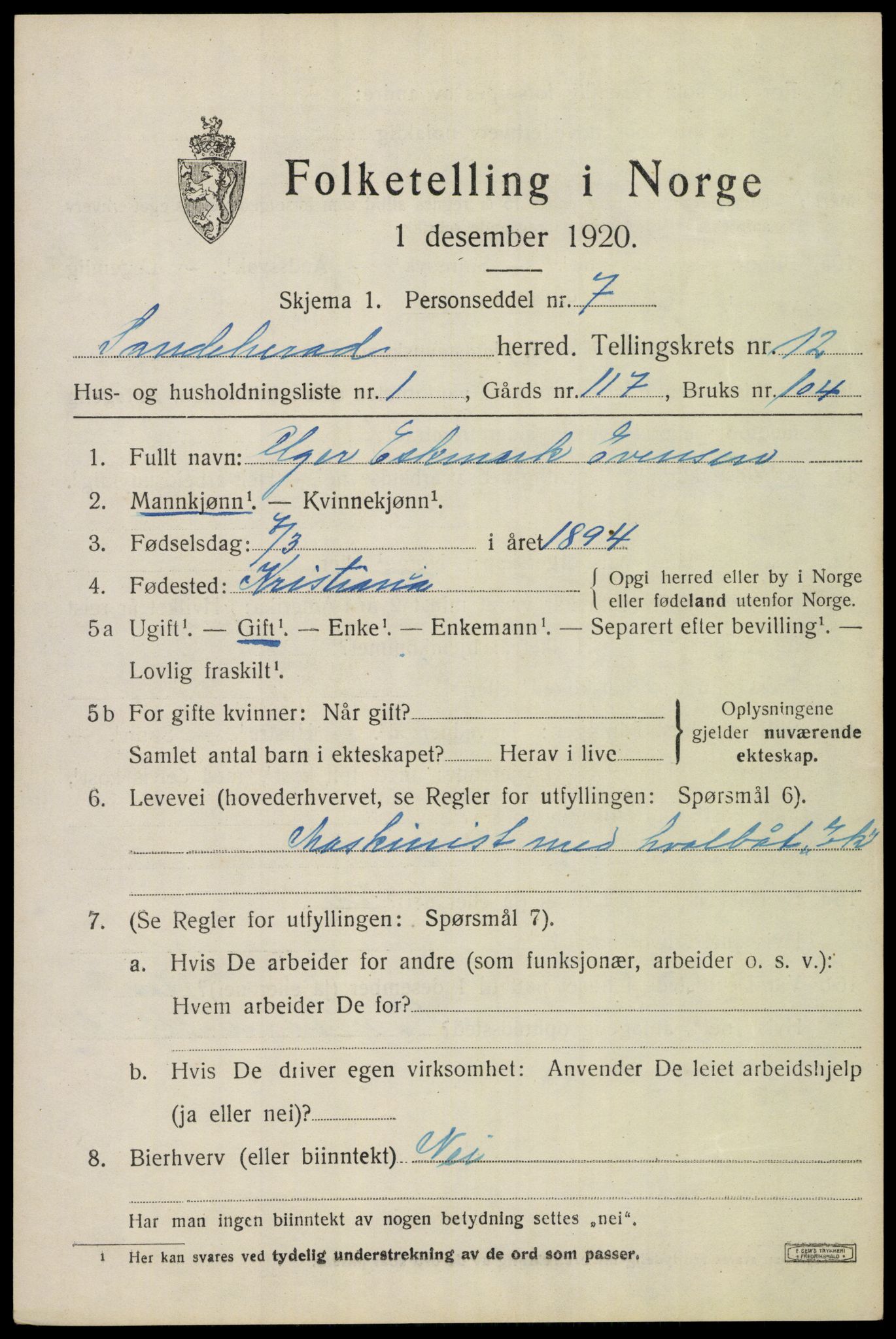 SAKO, 1920 census for Sandeherred, 1920, p. 18100