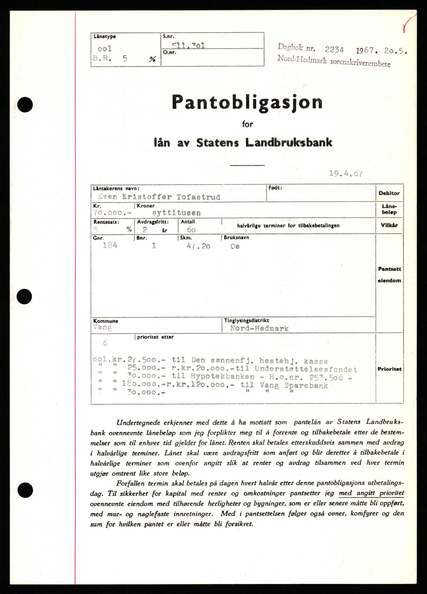 Nord-Hedmark sorenskriveri, SAH/TING-012/H/Hb/Hbf/L0071: Mortgage book no. B71, 1967-1967, Diary no: : 2234/1967