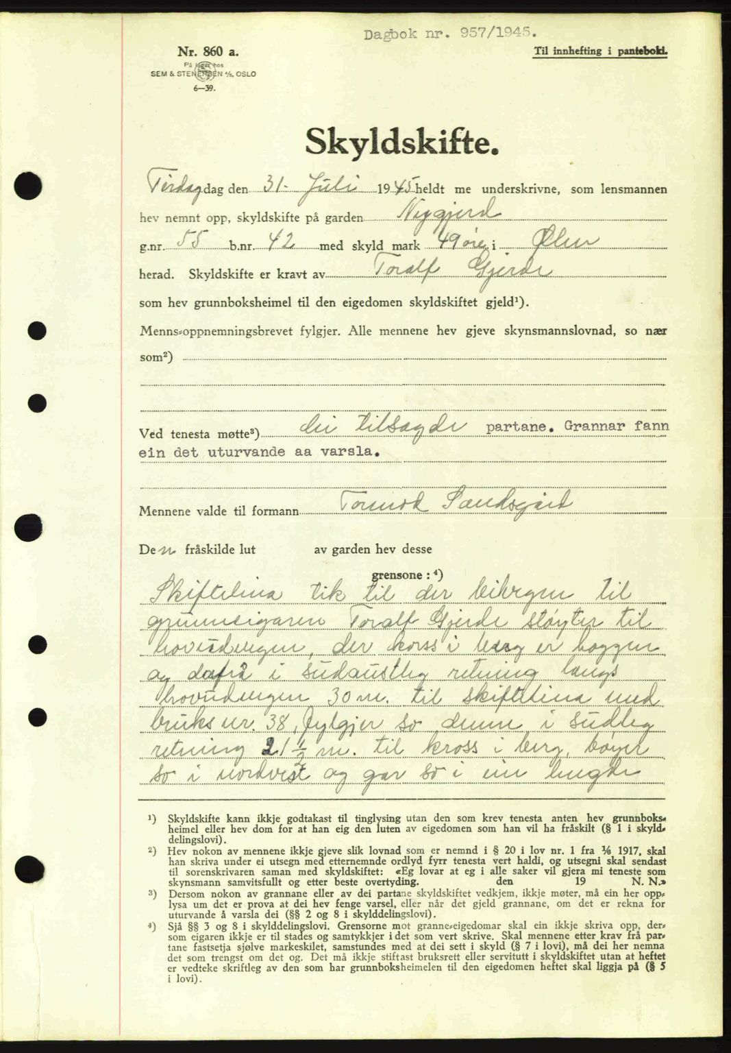 Sunnhordland sorenskrivar, AV/SAB-A-2401: Mortgage book no. A77, 1945-1945, Diary no: : 957/1945