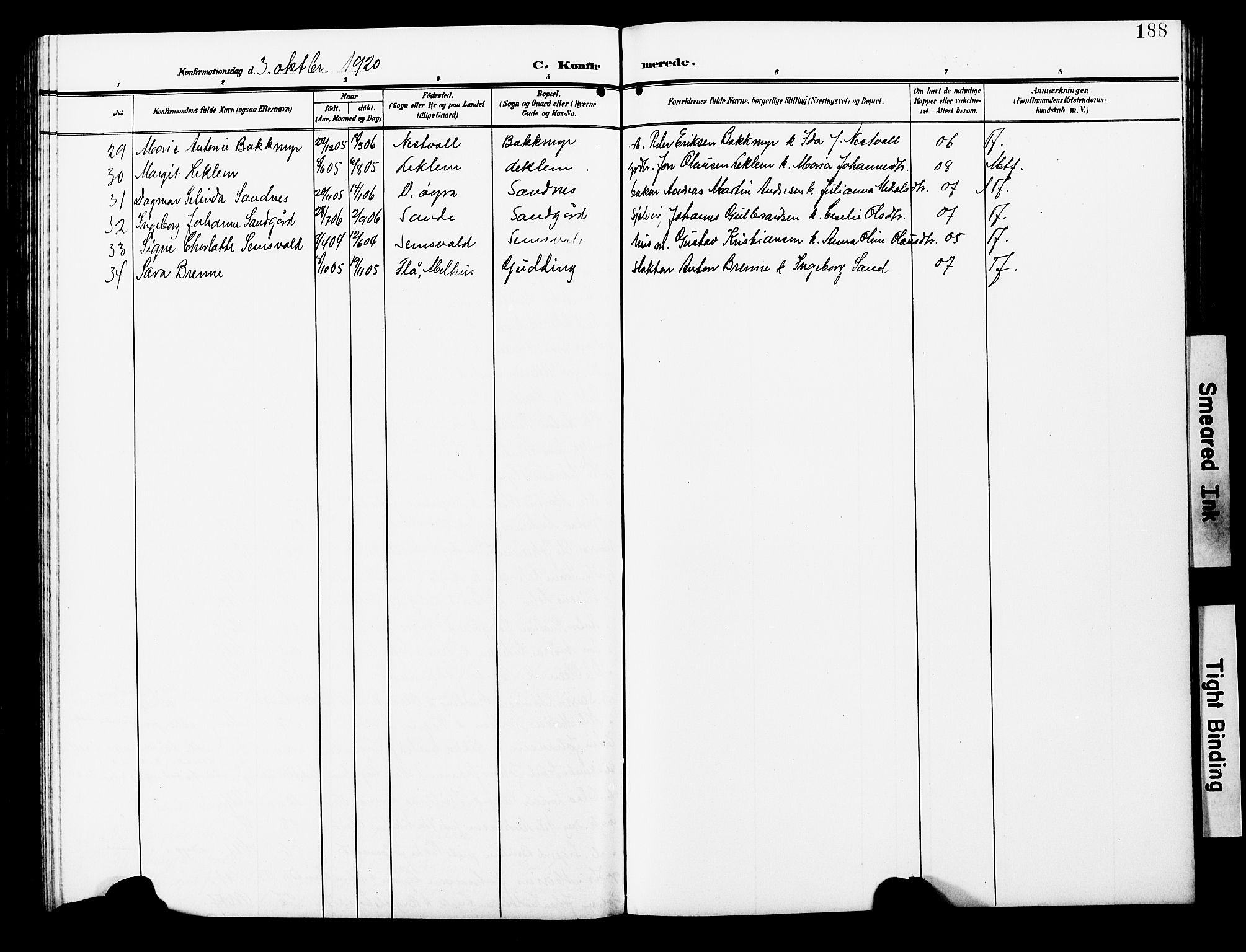 Ministerialprotokoller, klokkerbøker og fødselsregistre - Nord-Trøndelag, SAT/A-1458/723/L0258: Parish register (copy) no. 723C06, 1908-1927, p. 188