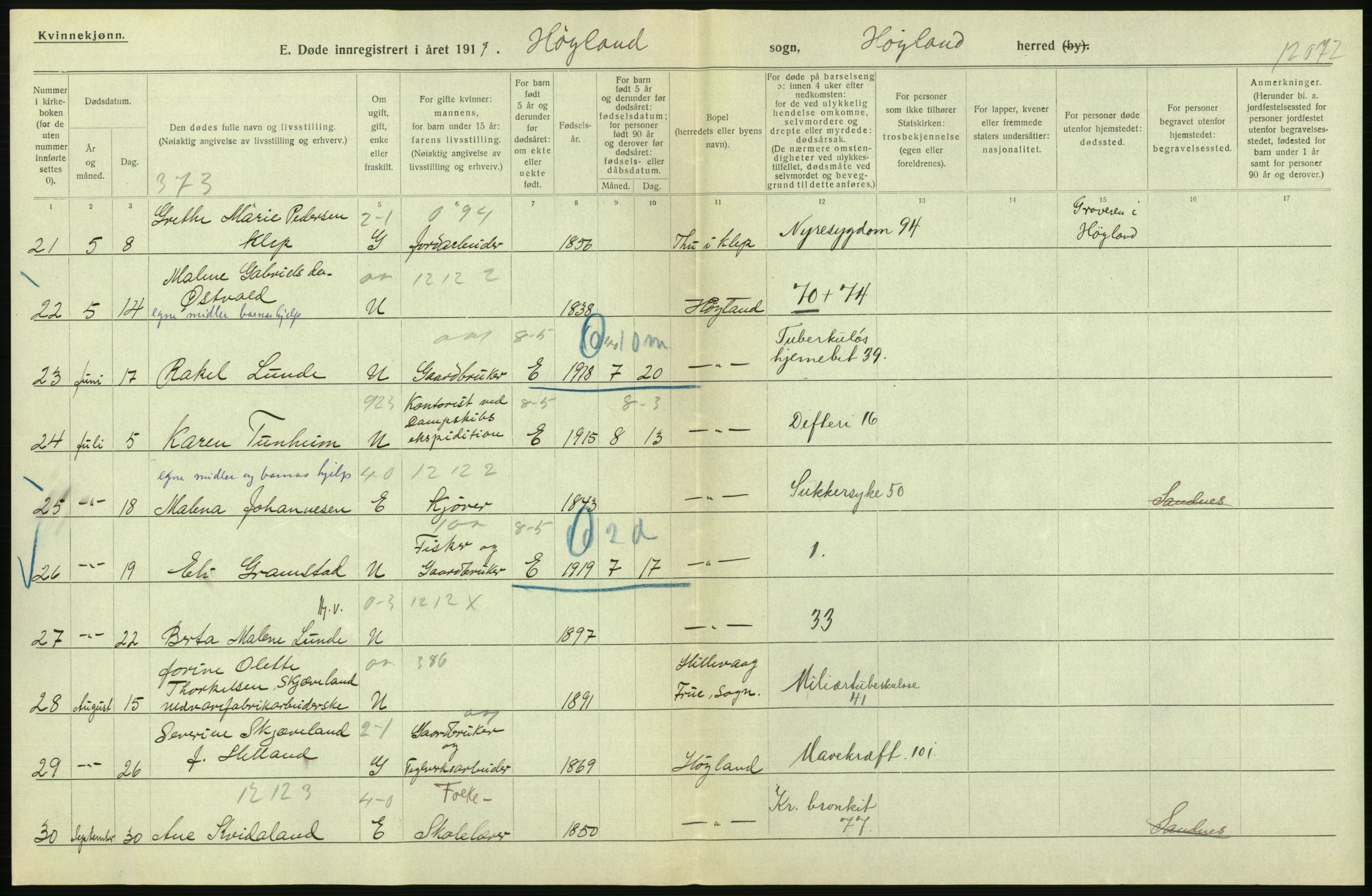 Statistisk sentralbyrå, Sosiodemografiske emner, Befolkning, AV/RA-S-2228/D/Df/Dfb/Dfbi/L0030: Rogaland fylke: Døde. Bygder og byer., 1919, p. 238