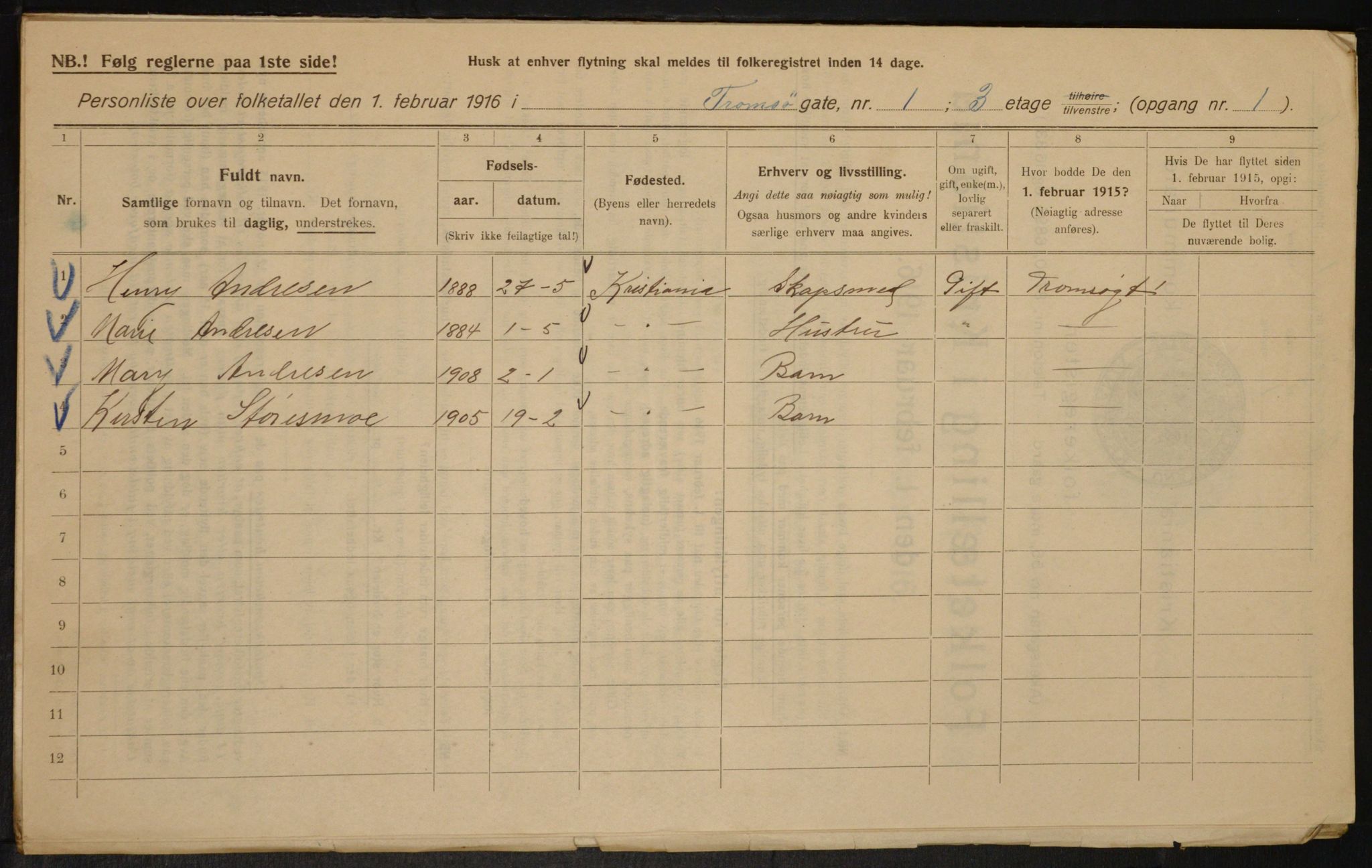 OBA, Municipal Census 1916 for Kristiania, 1916, p. 118788