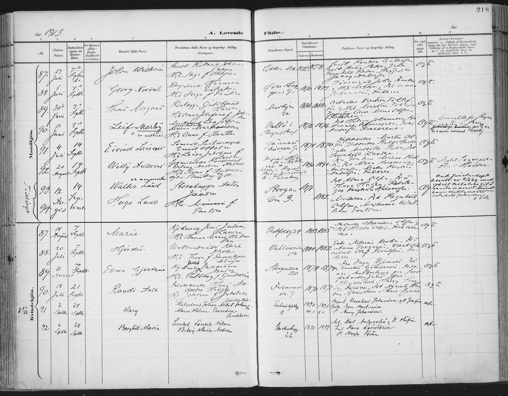 Tønsberg kirkebøker, AV/SAKO-A-330/F/Fa/L0014: Parish register (official) no. I 14, 1900-1913, p. 218