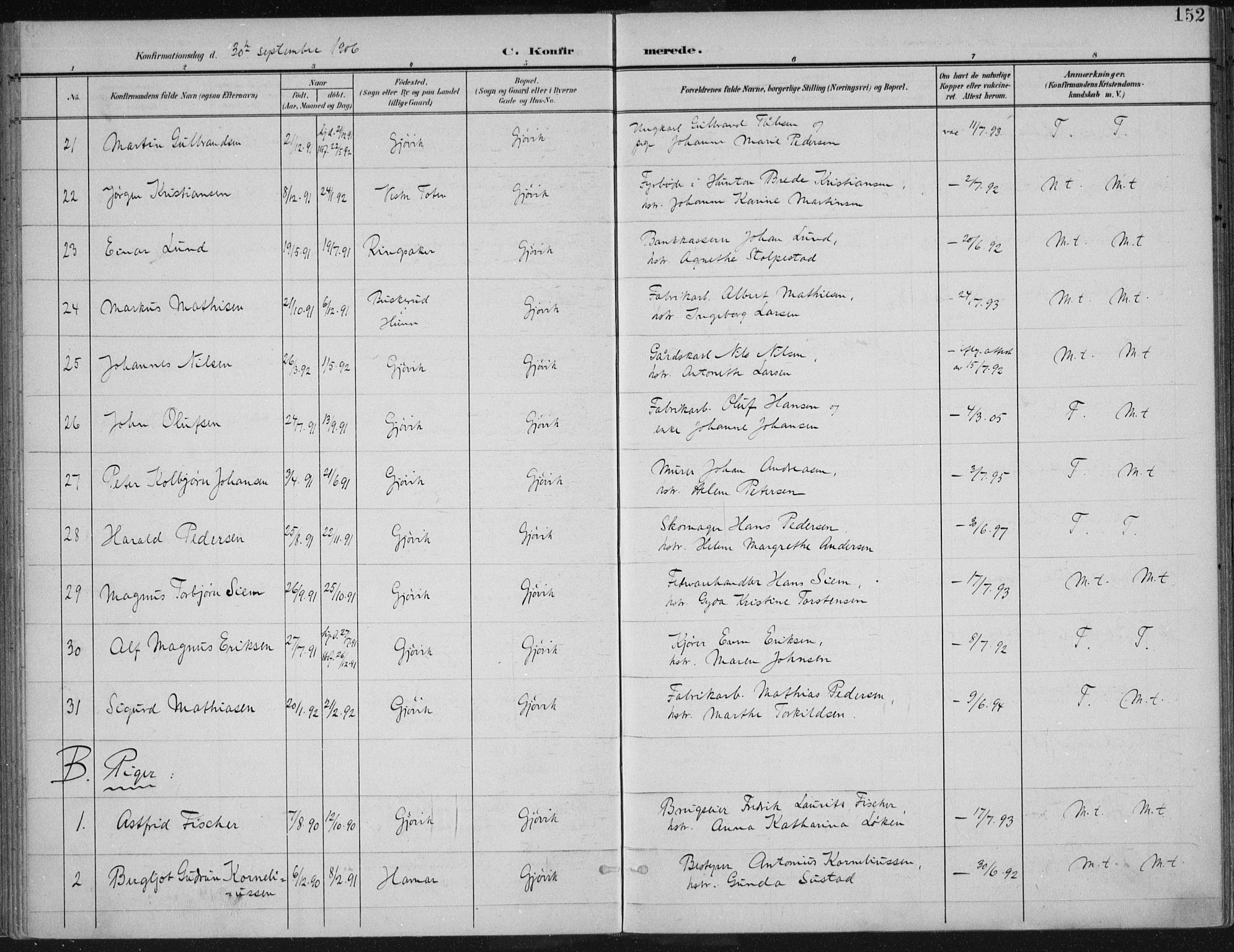 Vardal prestekontor, SAH/PREST-100/H/Ha/Haa/L0013: Parish register (official) no. 13, 1901-1911, p. 152