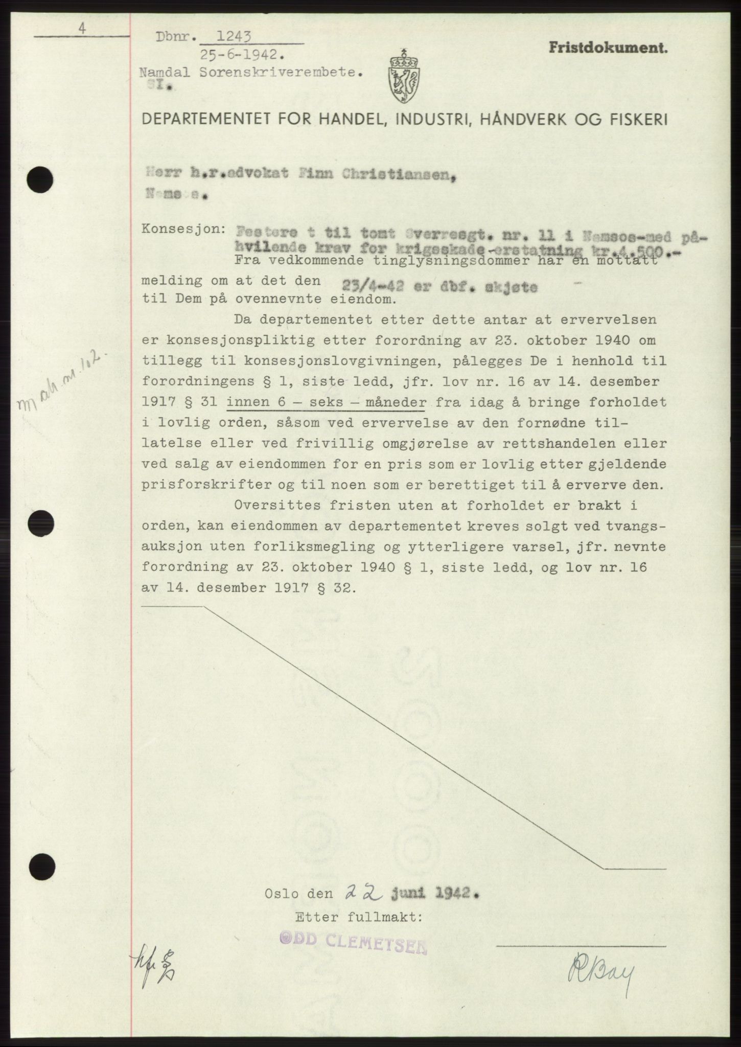 Namdal sorenskriveri, SAT/A-4133/1/2/2C: Mortgage book no. -, 1941-1942, Diary no: : 1243/1942