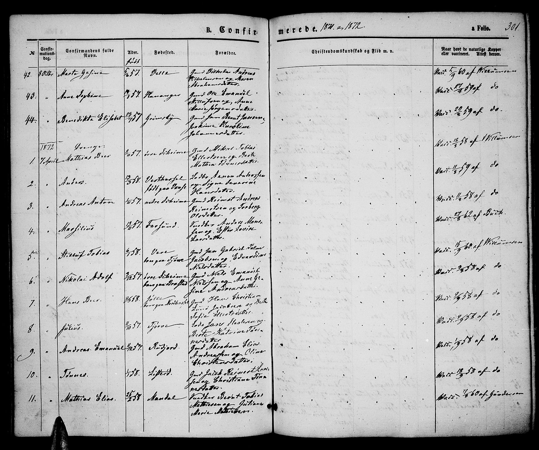 Lista sokneprestkontor, SAK/1111-0027/F/Fb/L0003: Parish register (copy) no. B 3, 1862-1877, p. 301