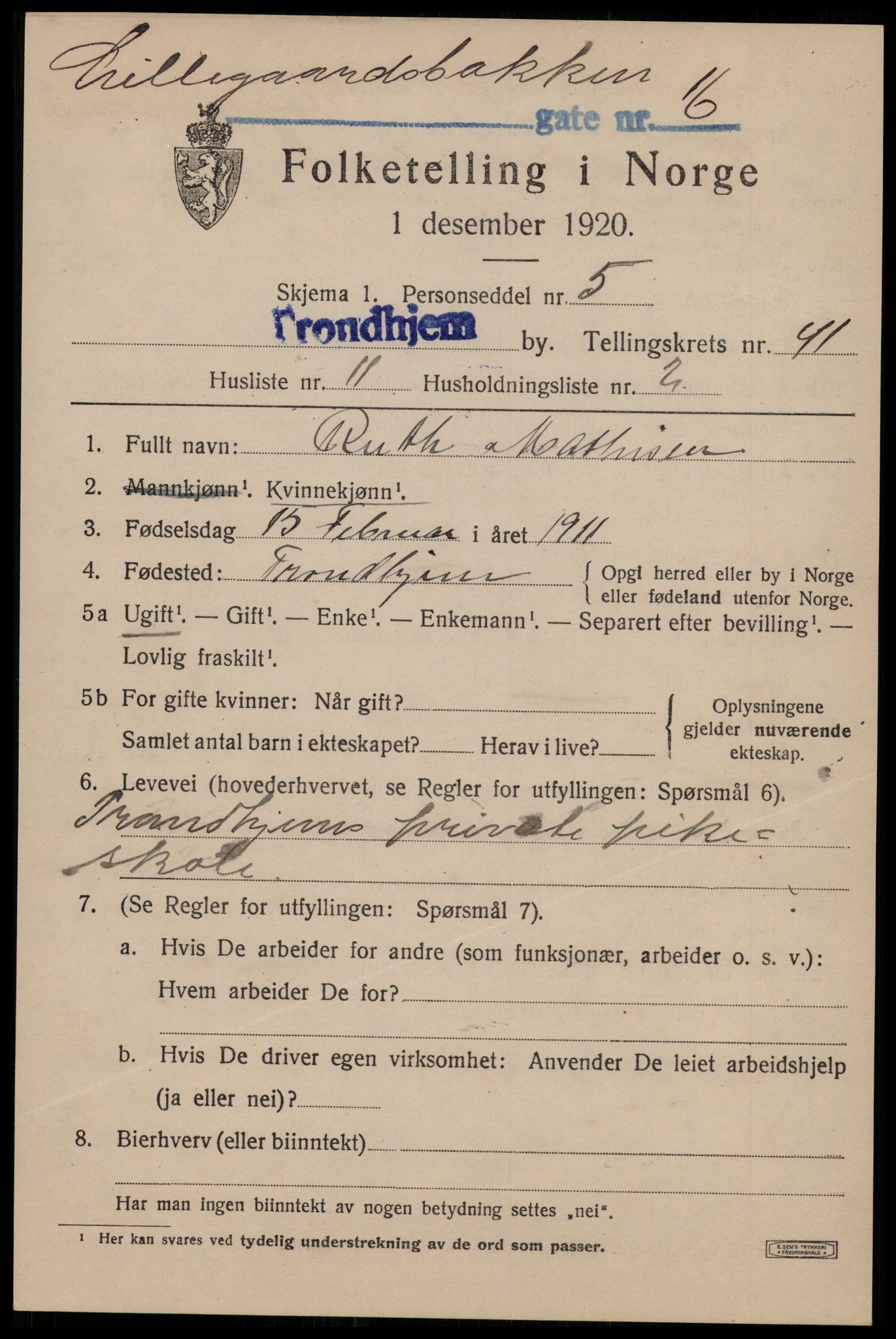 SAT, 1920 census for Trondheim, 1920, p. 91100