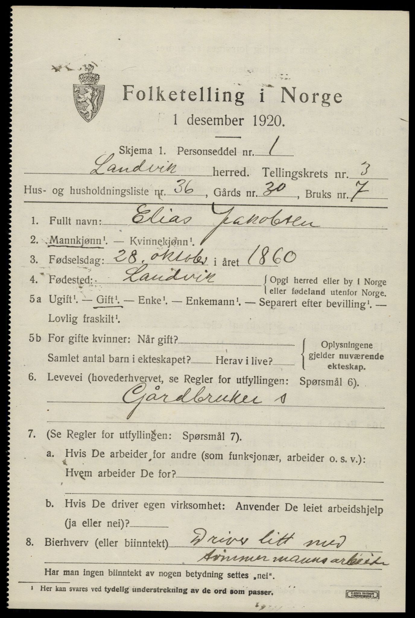 SAK, 1920 census for Landvik, 1920, p. 3252