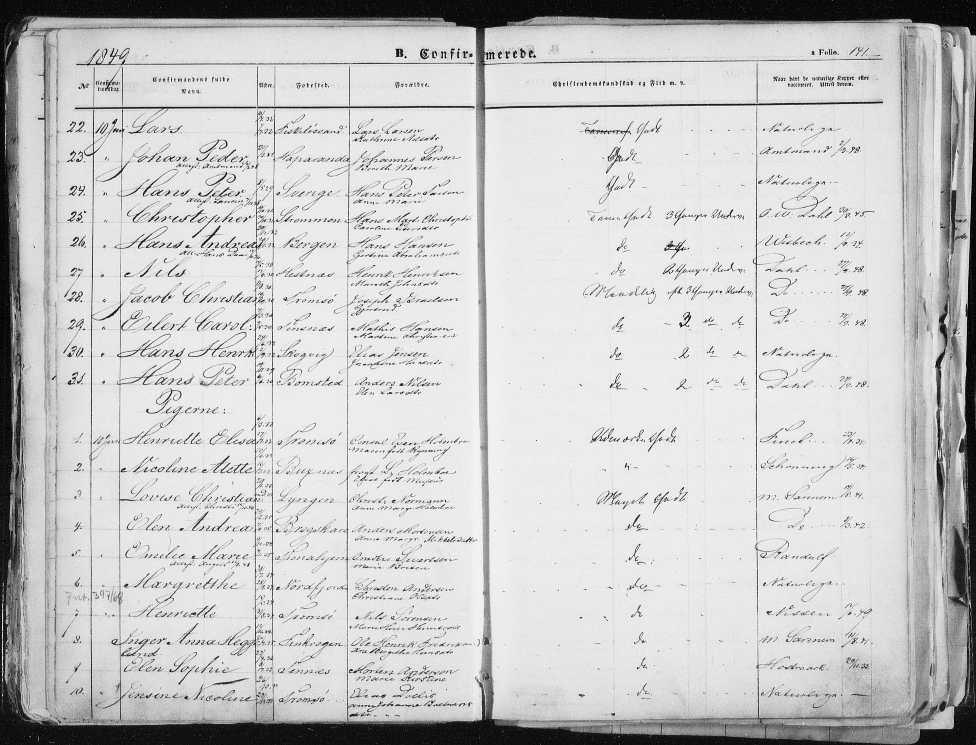 Tromsø sokneprestkontor/stiftsprosti/domprosti, SATØ/S-1343/G/Ga/L0010kirke: Parish register (official) no. 10, 1848-1855, p. 141