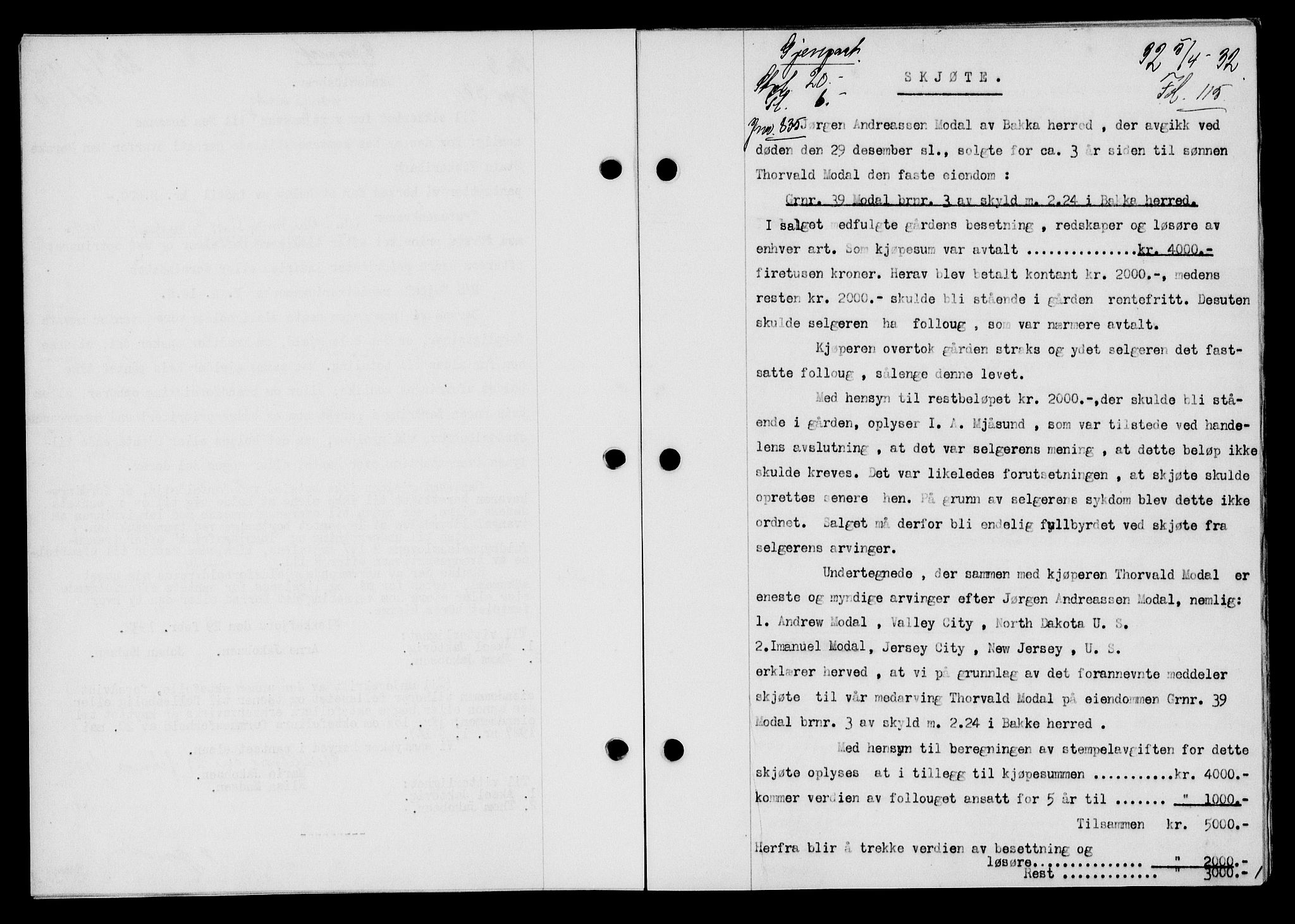 Flekkefjord sorenskriveri, SAK/1221-0001/G/Gb/Gba/L0047: Mortgage book no. 45, 1931-1932, Deed date: 05.04.1932