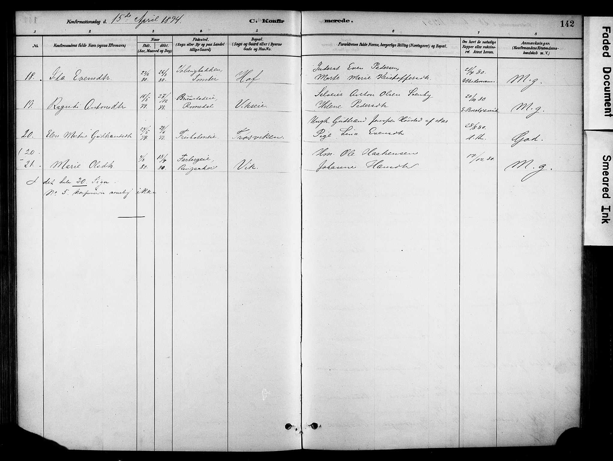 Stange prestekontor, AV/SAH-PREST-002/K/L0018: Parish register (official) no. 18, 1880-1896, p. 142