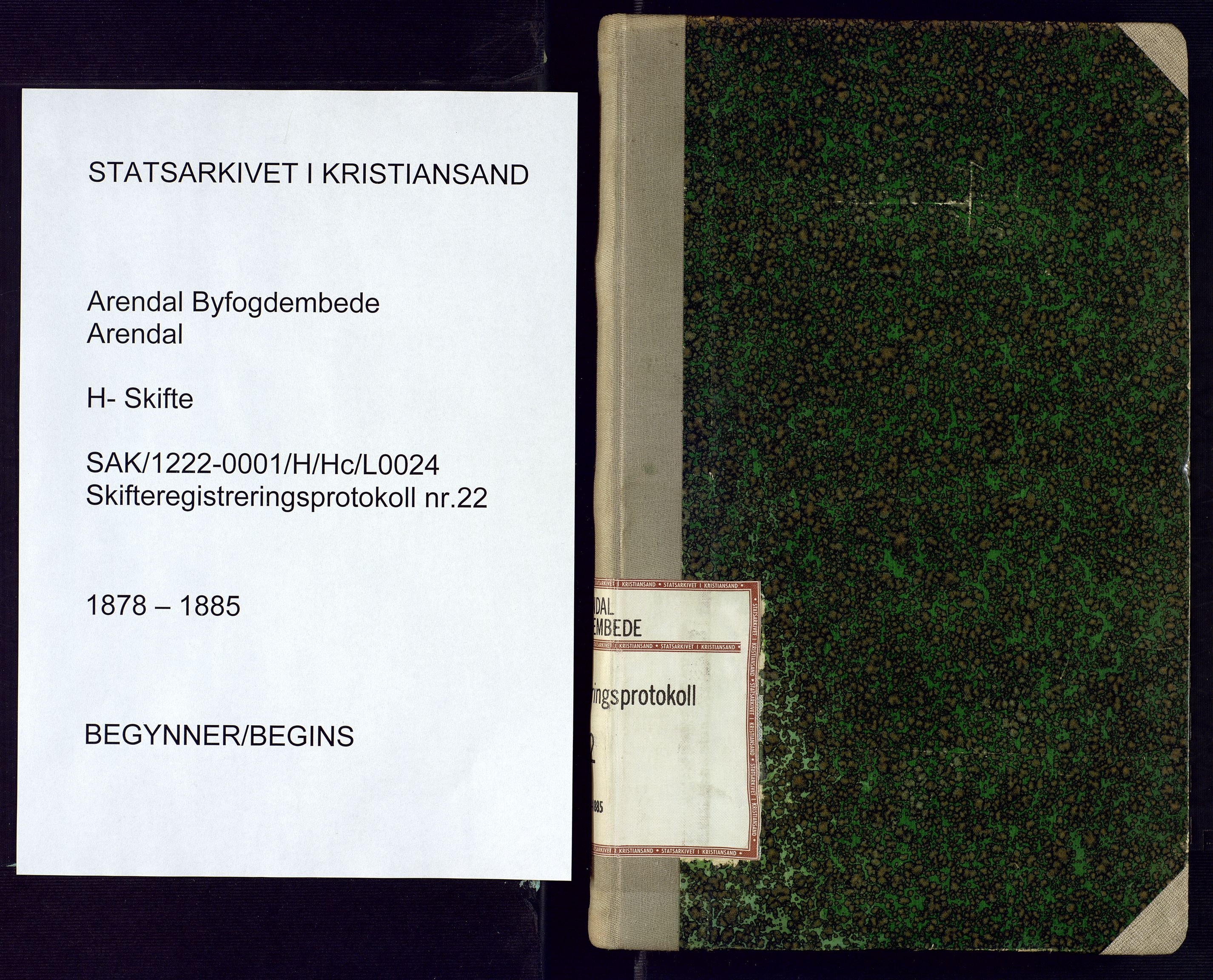 Arendal byfogd, AV/SAK-1222-0001/H/Hc/L0024: Skifteregistreringsprotokoll nr. 22, 1878-1885