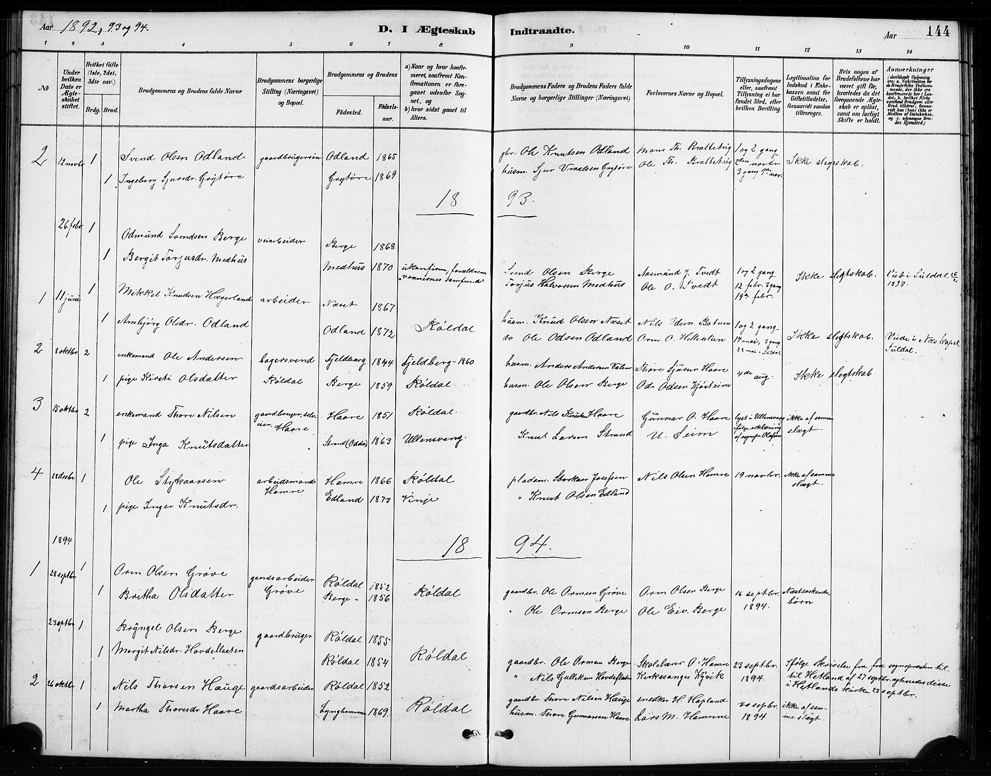 Røldal sokneprestembete, SAB/A-100247: Parish register (copy) no. A 3, 1887-1917, p. 144