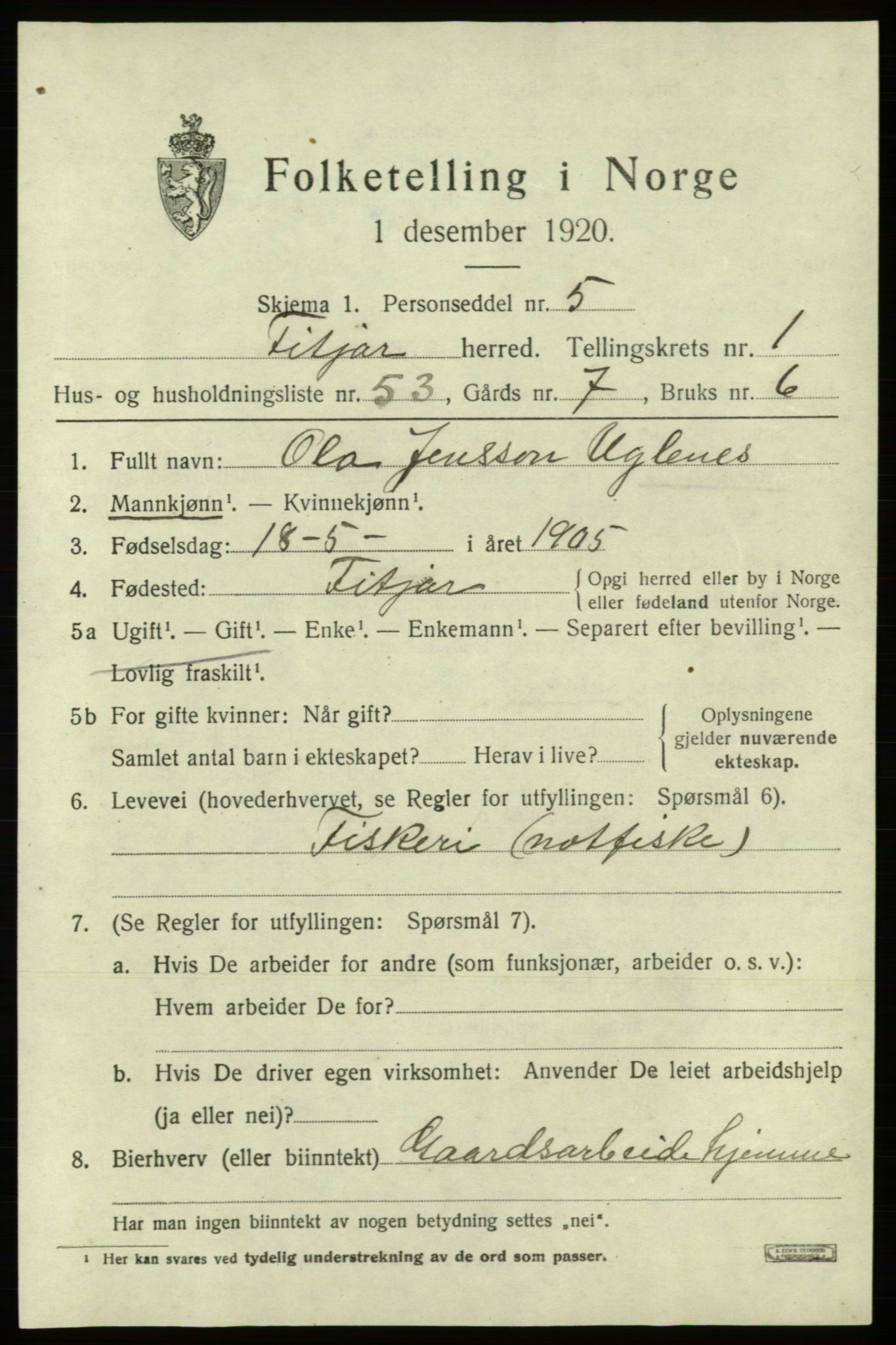 SAB, 1920 census for Fitjar, 1920, p. 1528