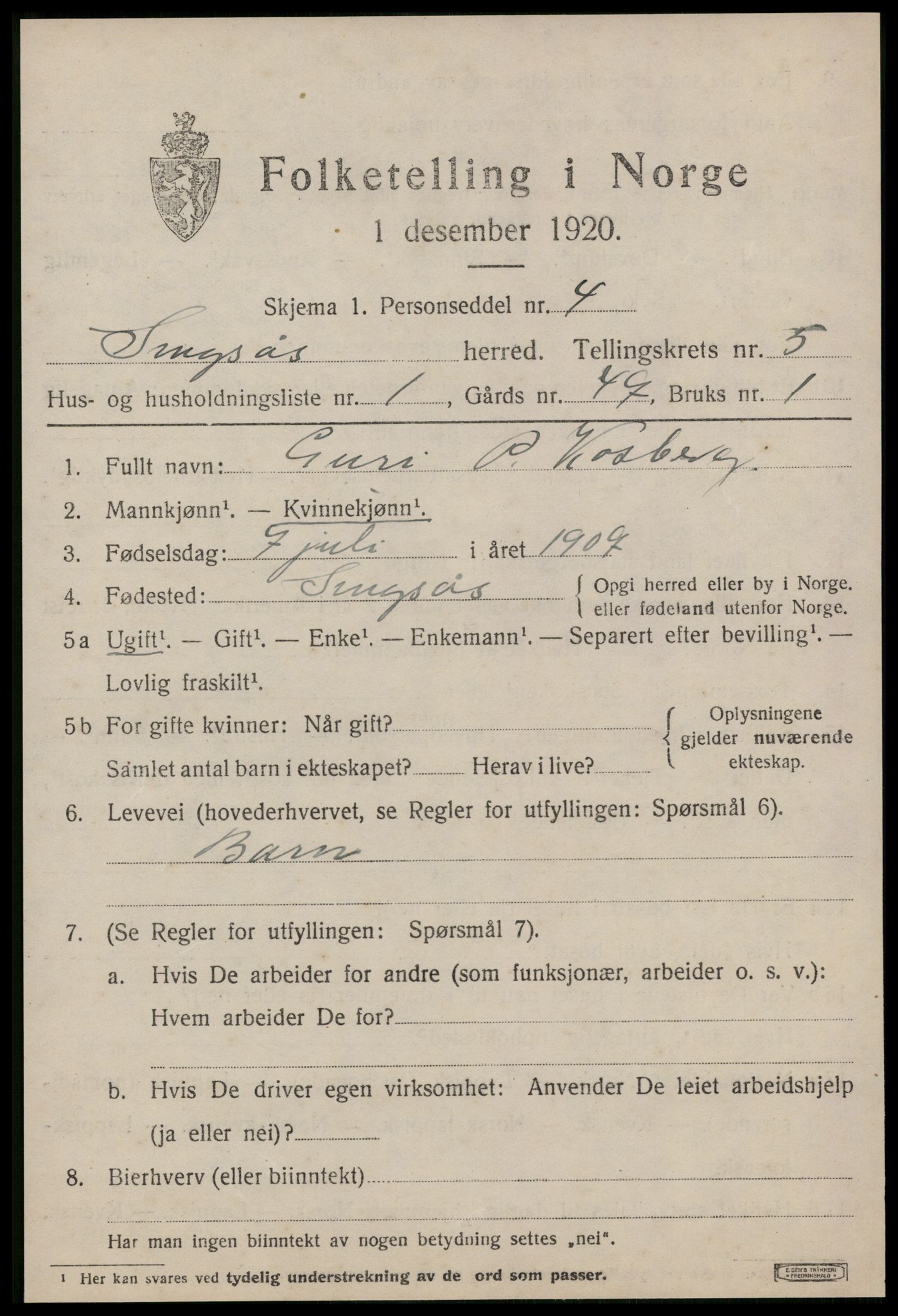 SAT, 1920 census for Singsås, 1920, p. 3023