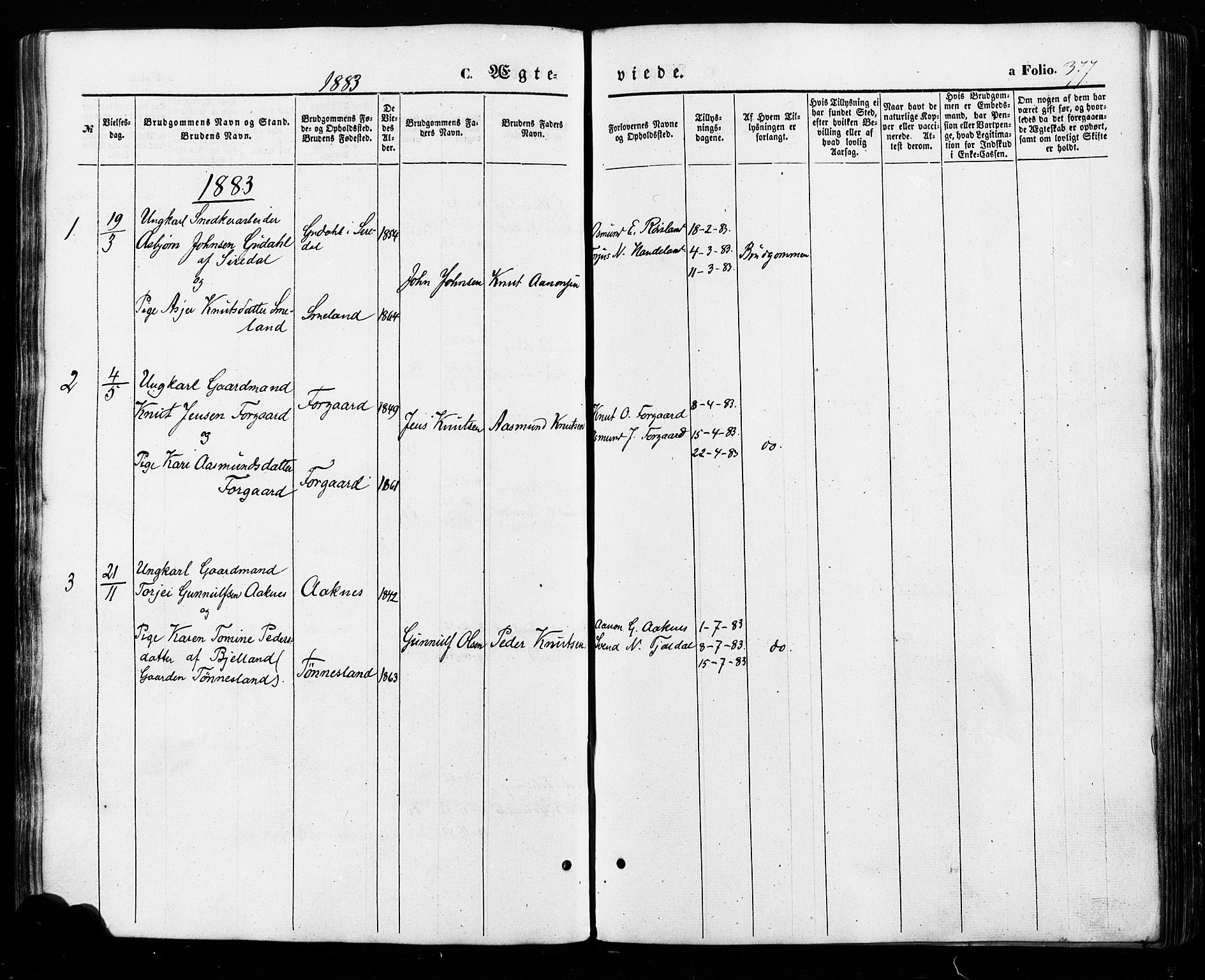 Åseral sokneprestkontor, AV/SAK-1111-0051/F/Fa/L0002: Parish register (official) no. A 2, 1854-1884, p. 377