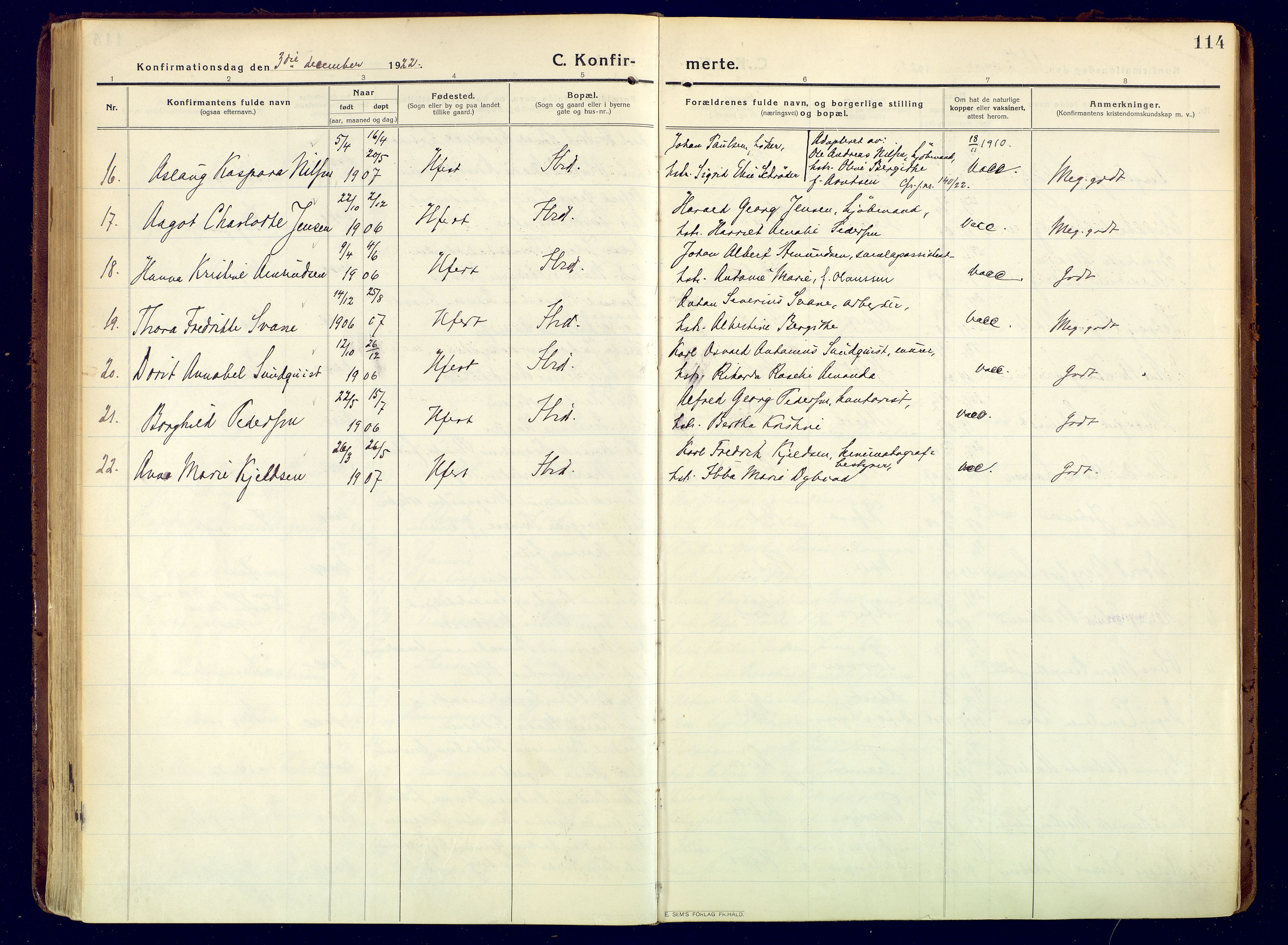 Hammerfest sokneprestkontor, SATØ/S-1347/H/Ha/L0015.kirke: Parish register (official) no. 15, 1916-1923, p. 114