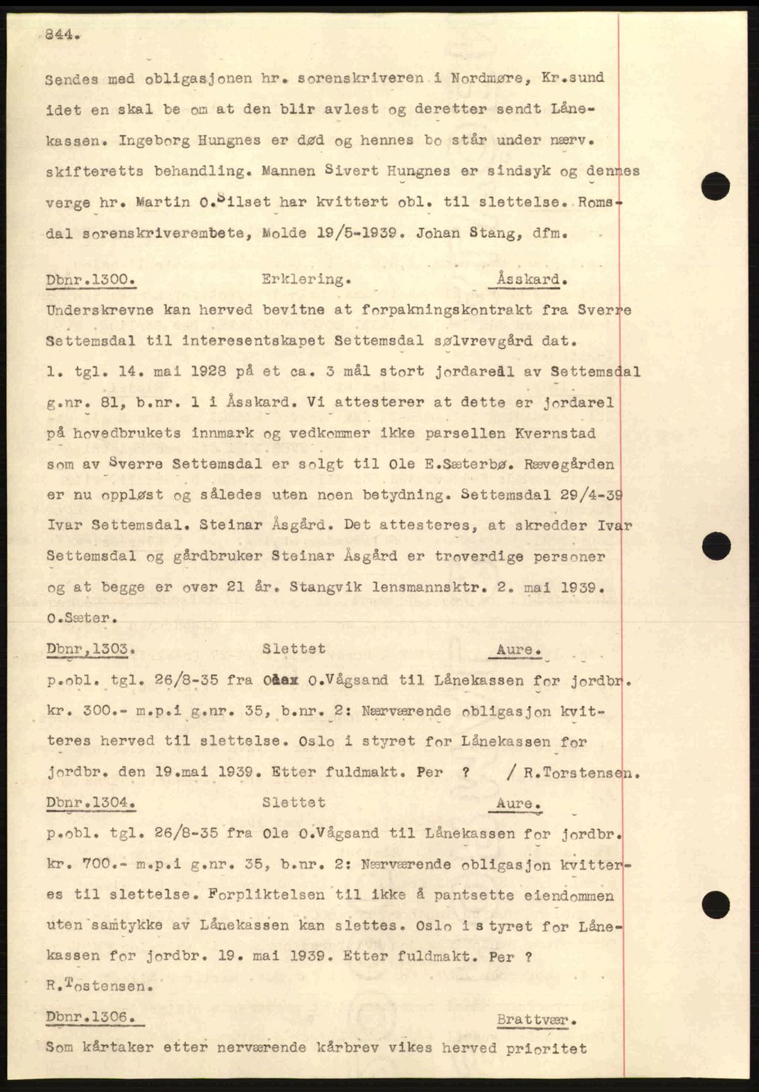 Nordmøre sorenskriveri, AV/SAT-A-4132/1/2/2Ca: Mortgage book no. C80, 1936-1939, Diary no: : 1300/1939