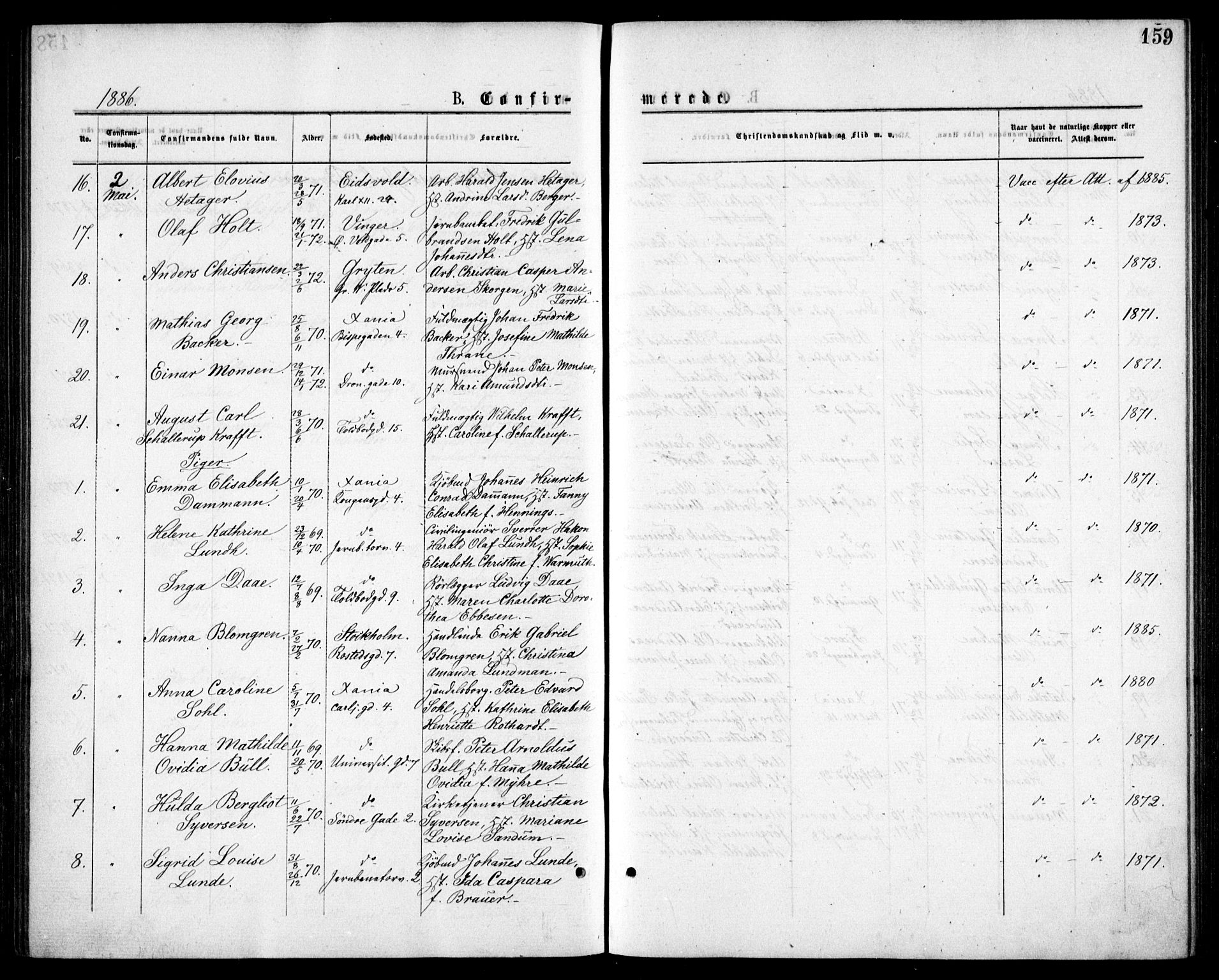 Oslo domkirke Kirkebøker, SAO/A-10752/F/Fa/L0018: Parish register (official) no. 18, 1872-1886, p. 159
