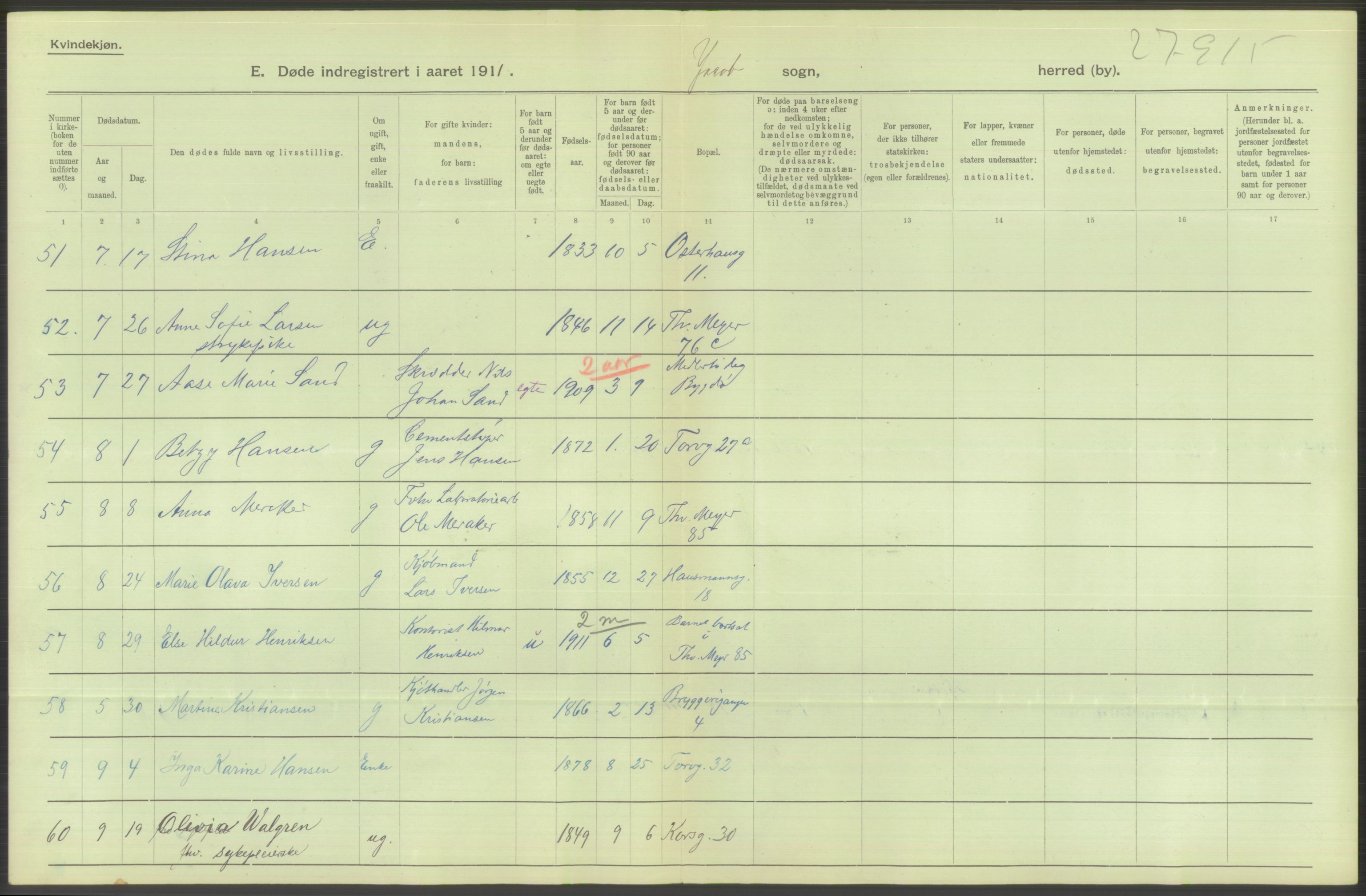 Statistisk sentralbyrå, Sosiodemografiske emner, Befolkning, AV/RA-S-2228/D/Df/Dfb/Dfba/L0010: Kristiania: Døde kvinner samt dødfødte., 1911, p. 232