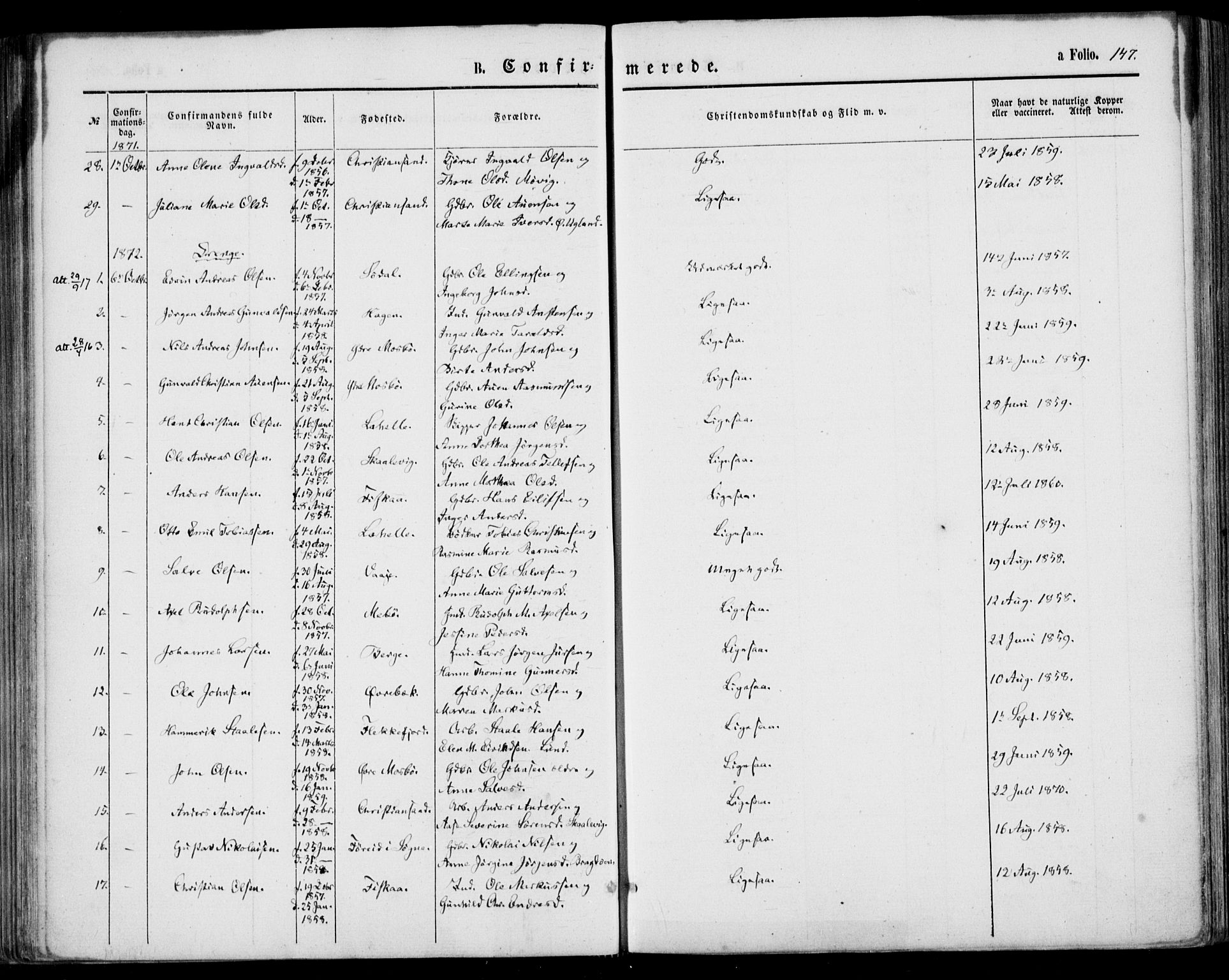 Oddernes sokneprestkontor, AV/SAK-1111-0033/F/Fa/Faa/L0008: Parish register (official) no. A 8, 1864-1880, p. 147