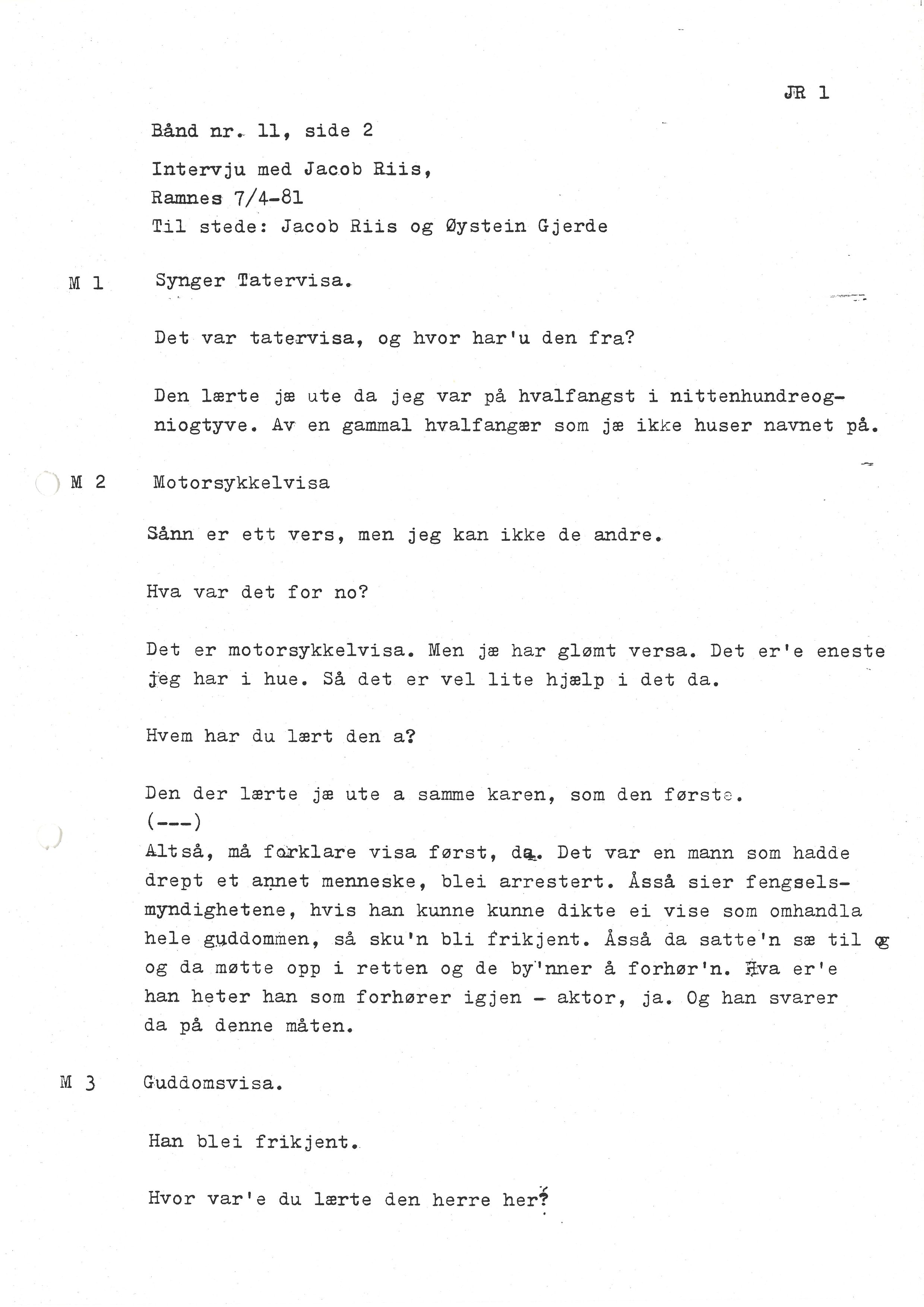 Sa 16 - Folkemusikk fra Vestfold, Gjerdesamlingen, VEMU/A-1868/I/L0001: Informantregister med intervjunedtegnelser, 1979-1986