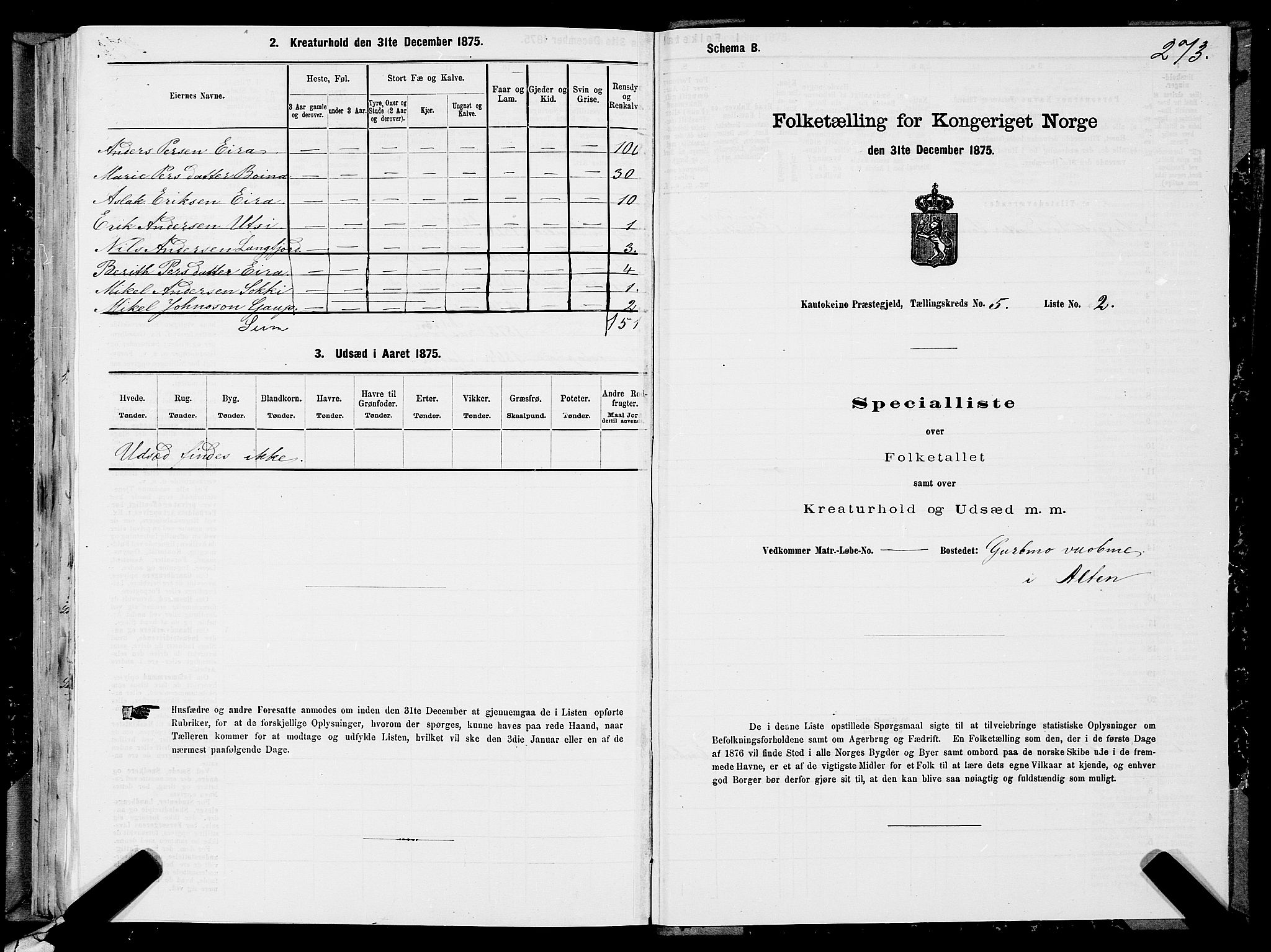 SATØ, 1875 census for 2011P Kautokeino, 1875, p. 1273