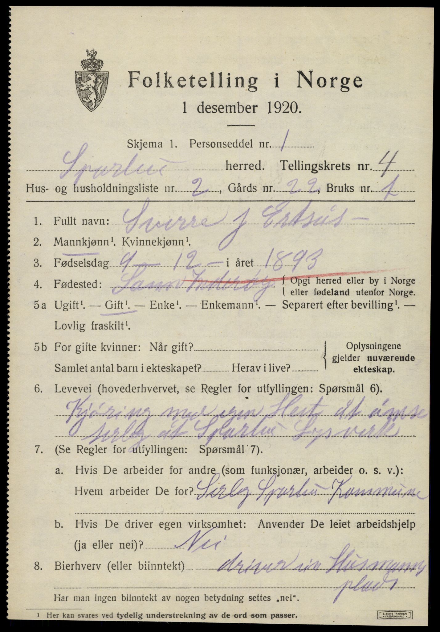 SAT, 1920 census for Sparbu, 1920, p. 5185