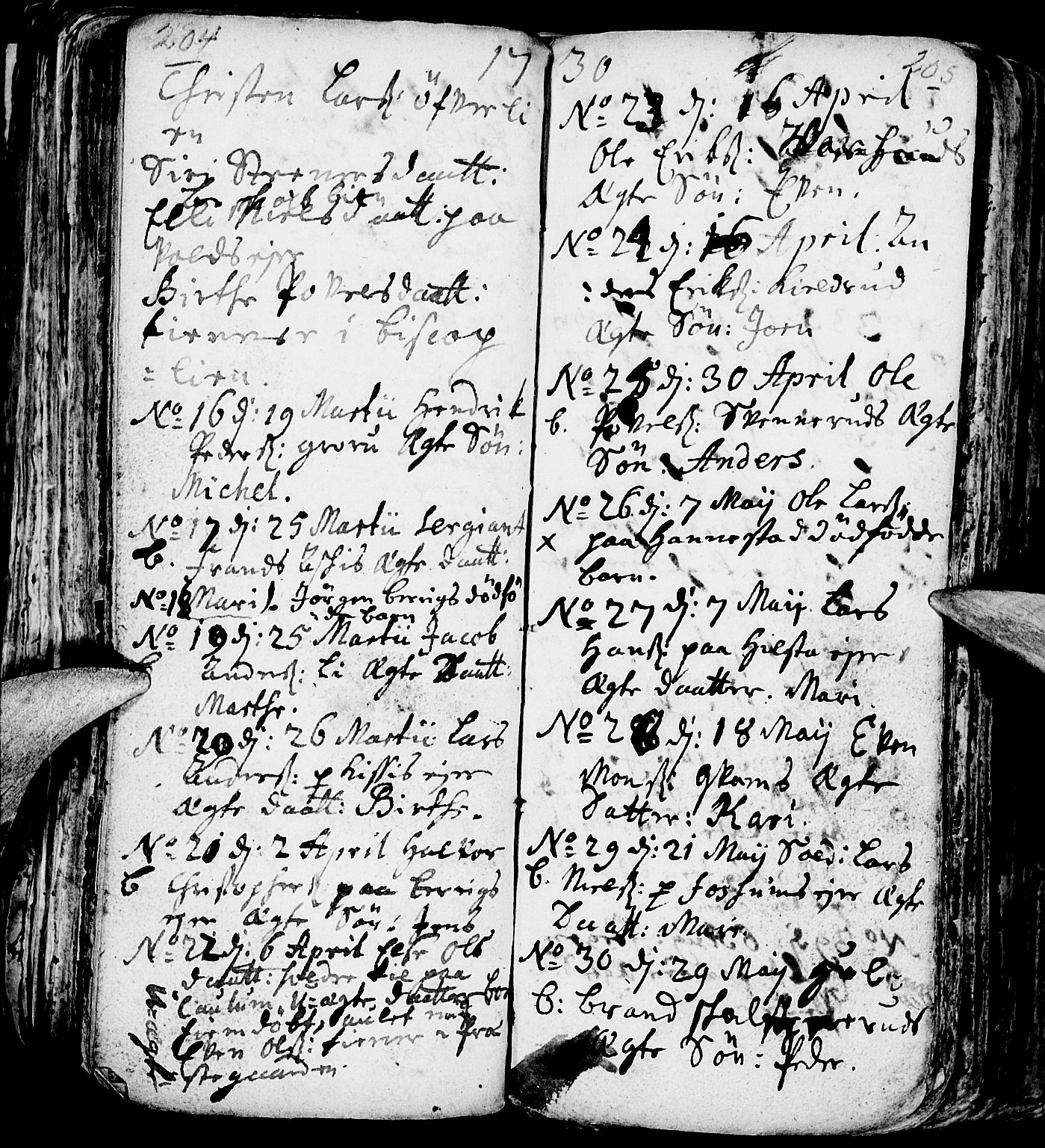 Nes prestekontor, Hedmark, AV/SAH-PREST-020/L/La/L0001: Parish register (copy) no. 1, 1663-1784, p. 204-205