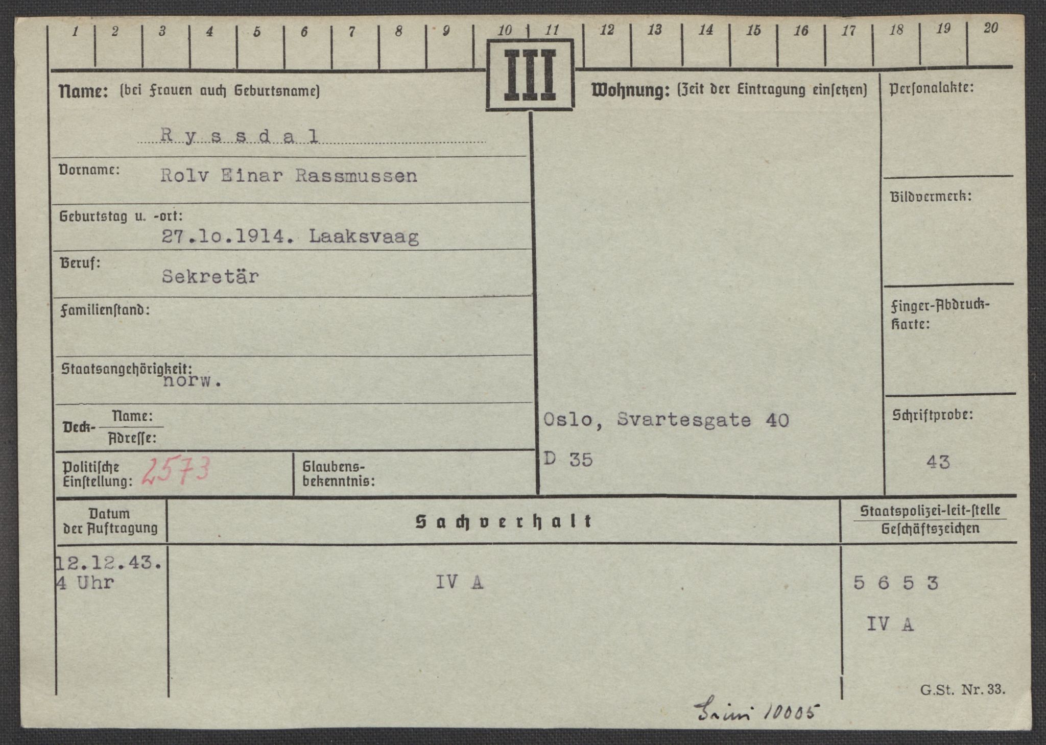 Befehlshaber der Sicherheitspolizei und des SD, AV/RA-RAFA-5969/E/Ea/Eaa/L0009: Register over norske fanger i Møllergata 19: Ru-Sy, 1940-1945, p. 116