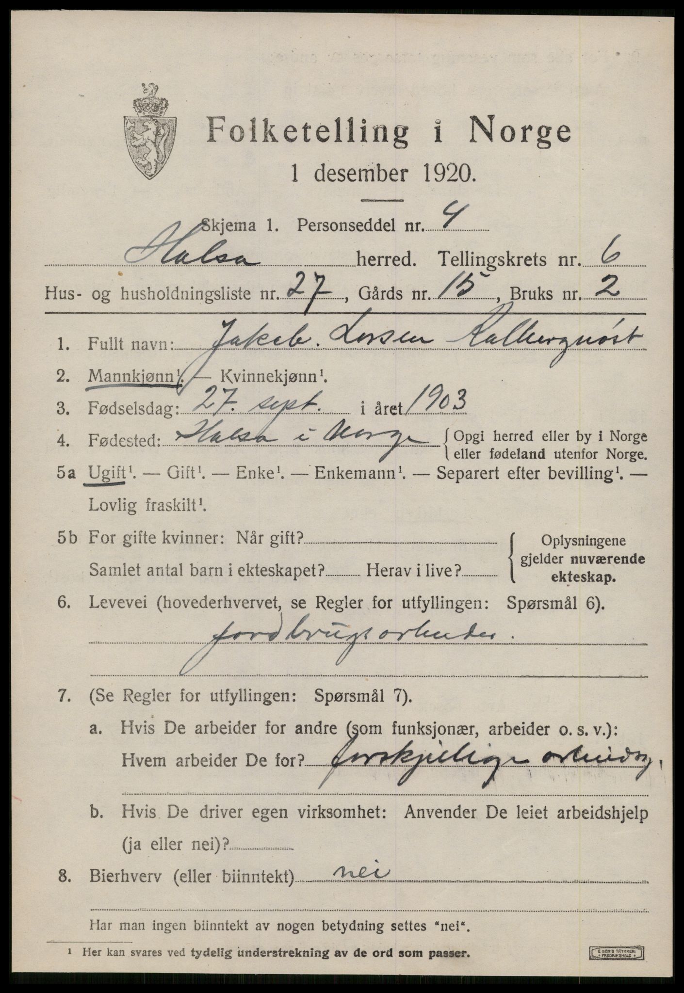 SAT, 1920 census for Halsa, 1920, p. 2543