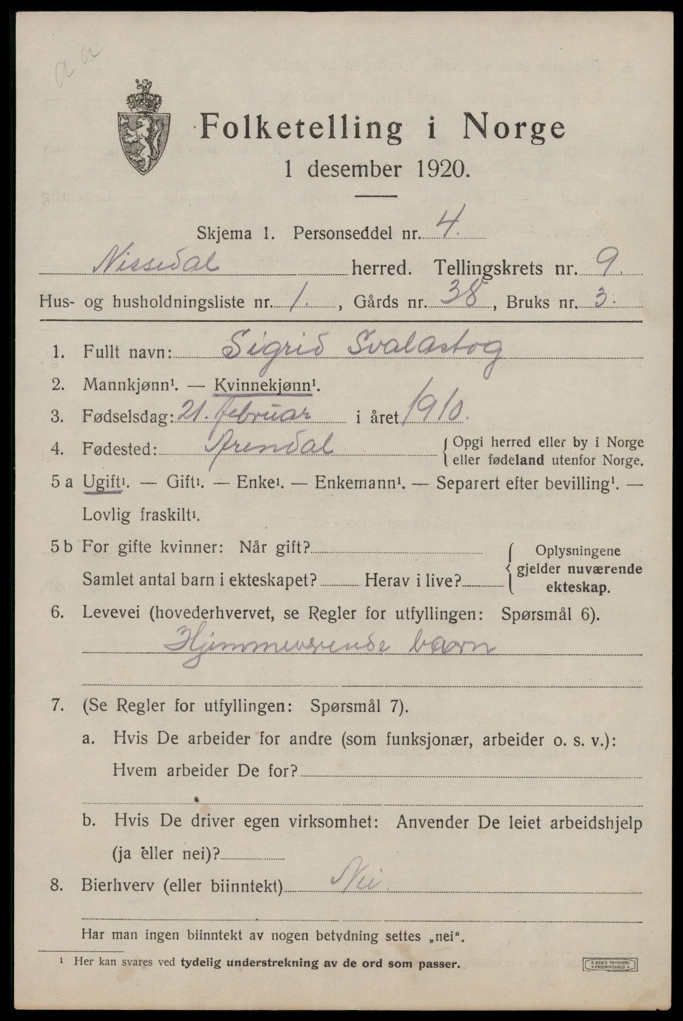 SAKO, 1920 census for Nissedal, 1920, p. 3497