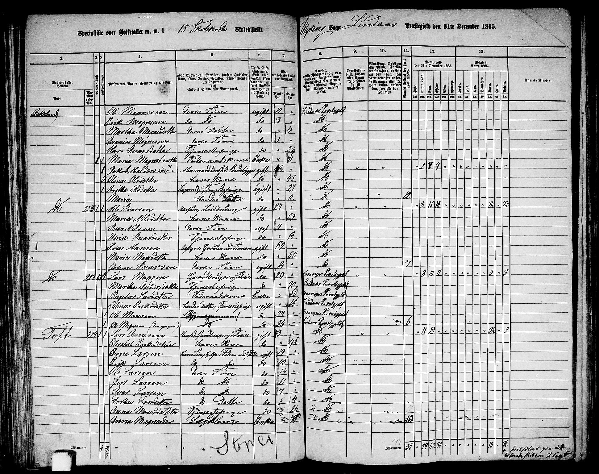 RA, 1865 census for Lindås, 1865, p. 110