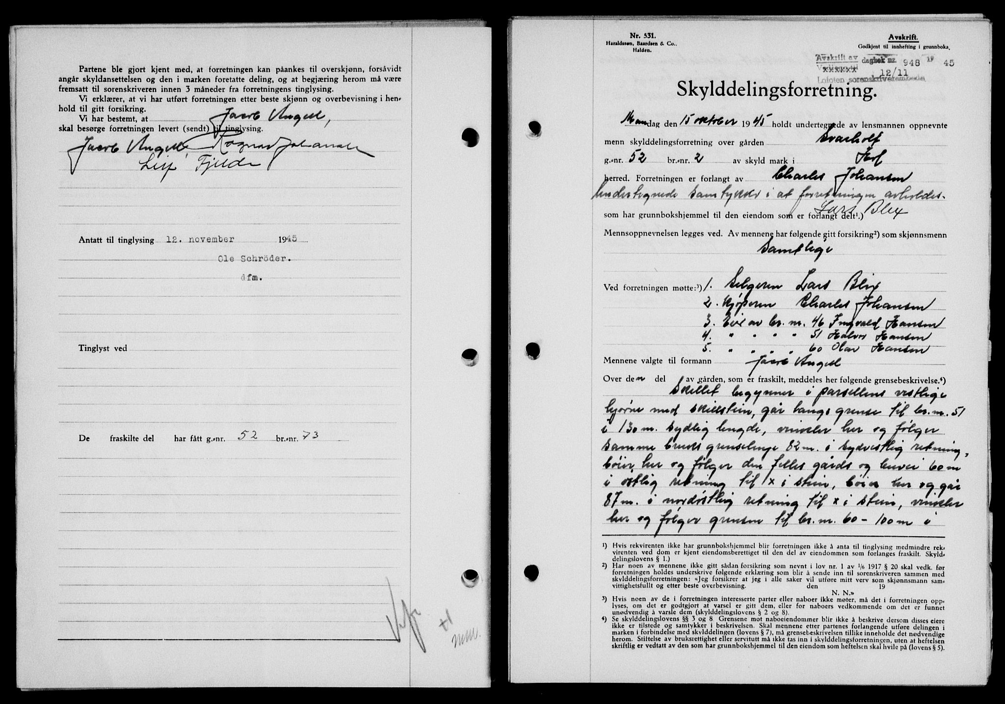 Lofoten sorenskriveri, SAT/A-0017/1/2/2C/L0013a: Mortgage book no. 13a, 1944-1946, Diary no: : 948/1945