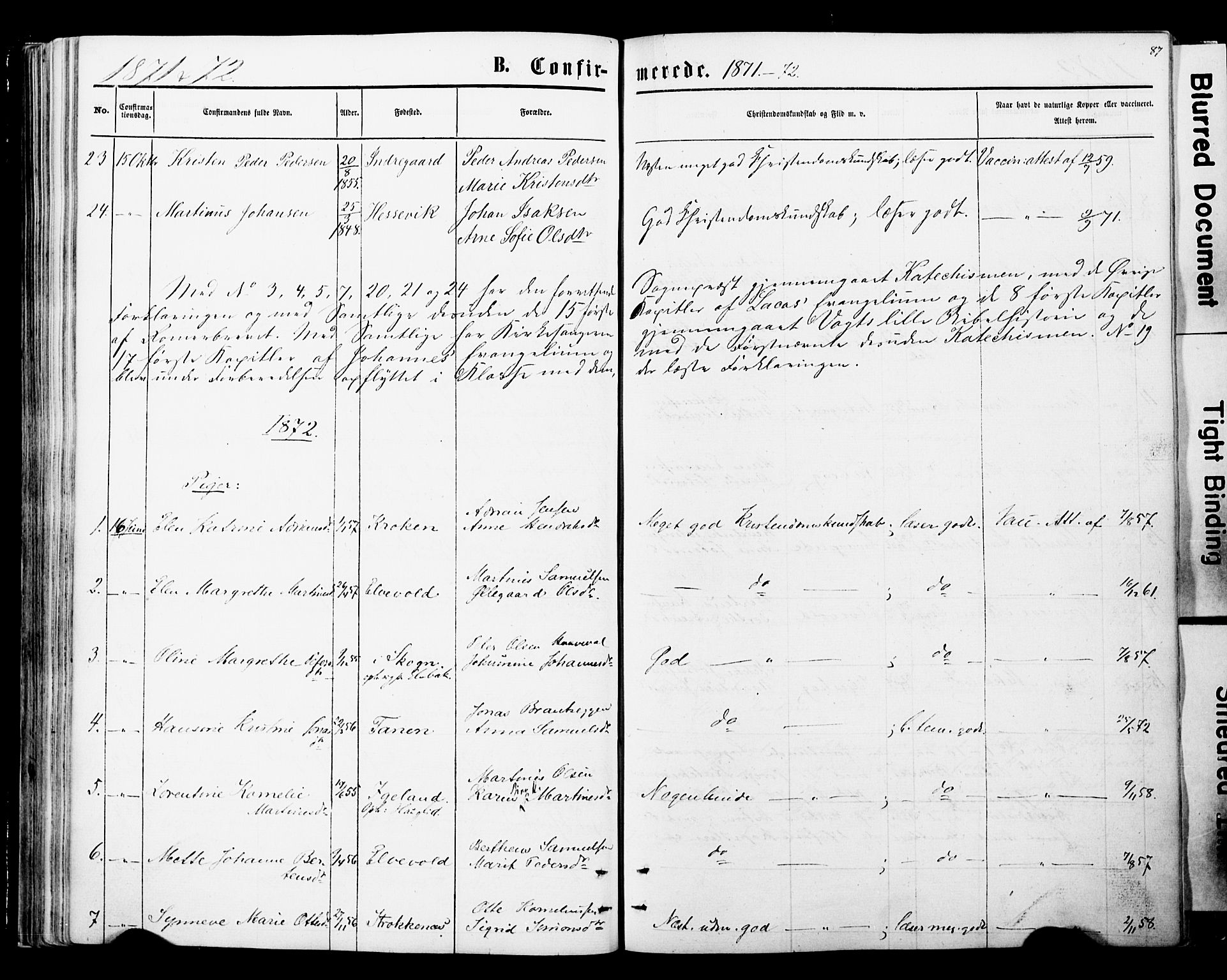 Ibestad sokneprestembete, AV/SATØ-S-0077/H/Ha/Haa/L0013kirke: Parish register (official) no. 13, 1865-1879, p. 87