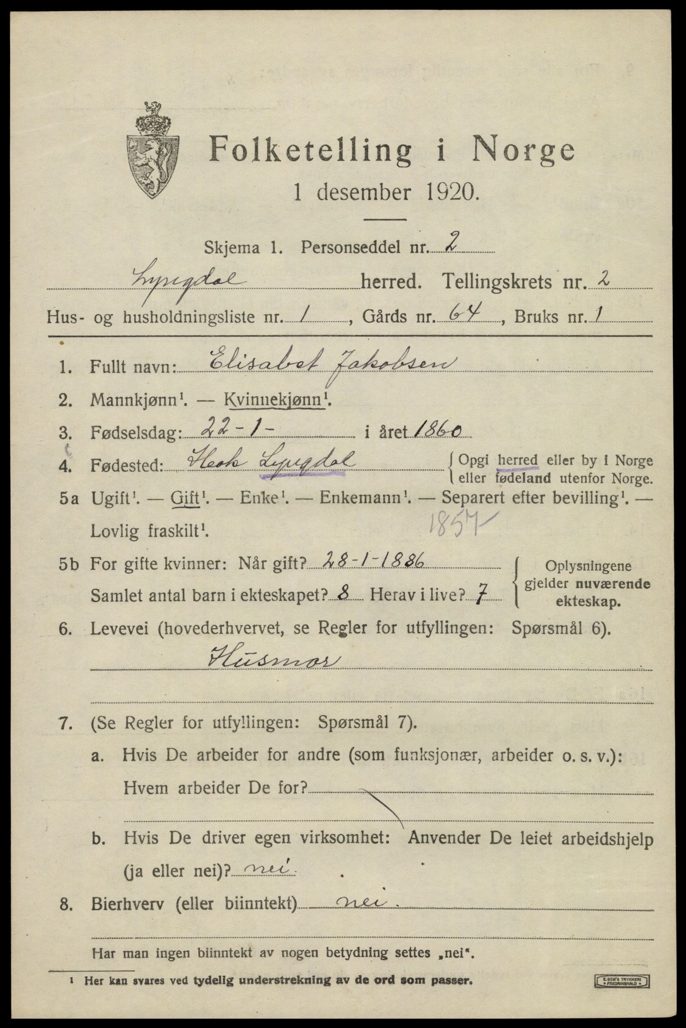 SAK, 1920 census for Lyngdal, 1920, p. 1583