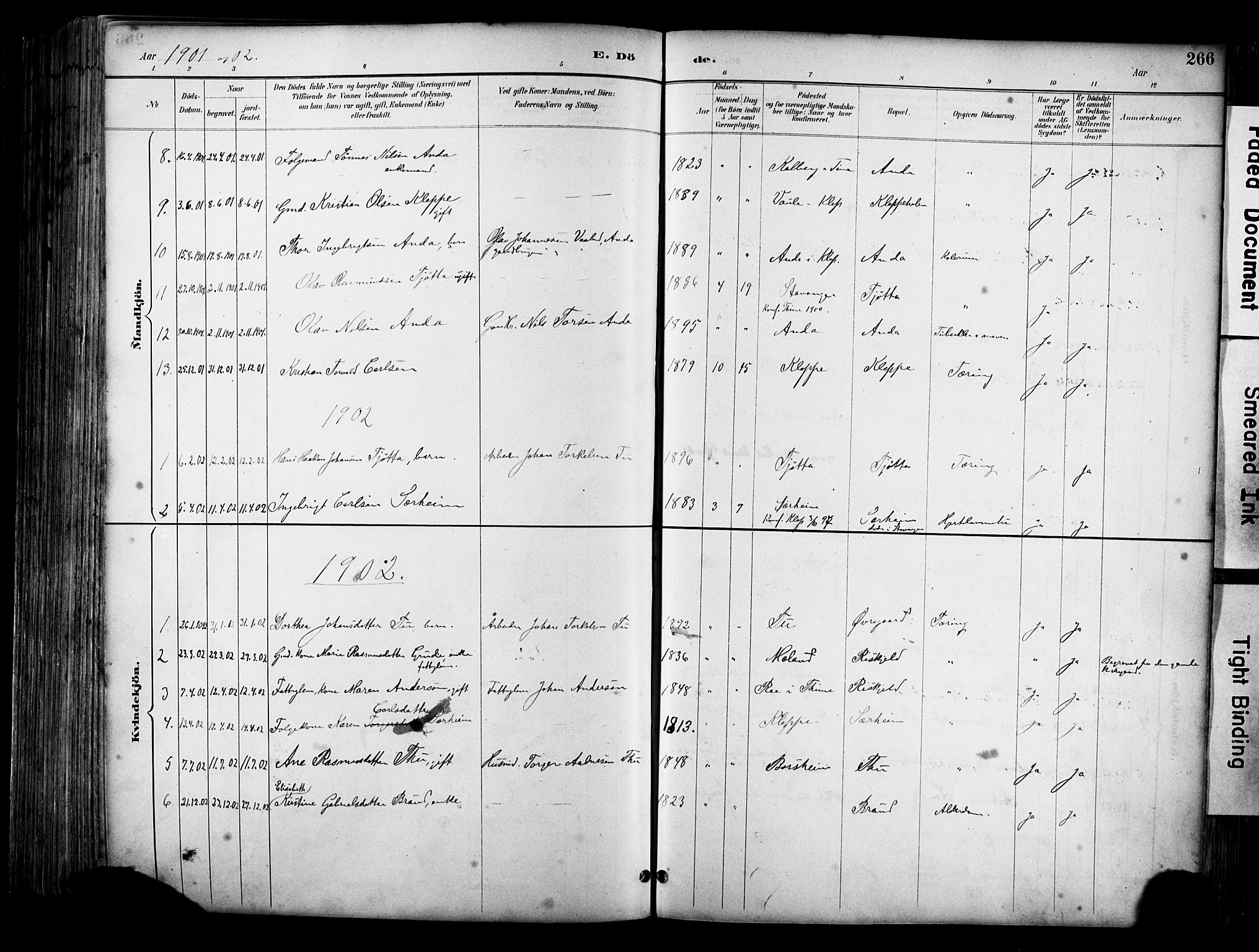 Klepp sokneprestkontor, SAST/A-101803/001/3/30BA/L0009: Parish register (official) no. A 7, 1886-1915, p. 266