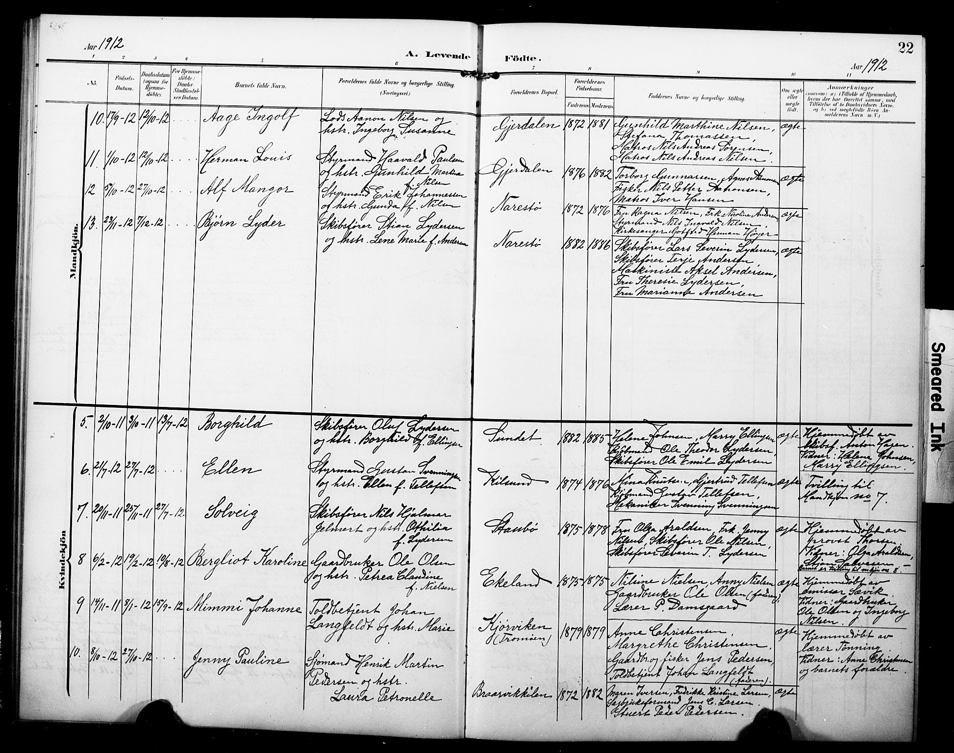 Dypvåg sokneprestkontor, AV/SAK-1111-0007/F/Fb/Fbb/L0005: Parish register (copy) no. B 5, 1905-1924, p. 22