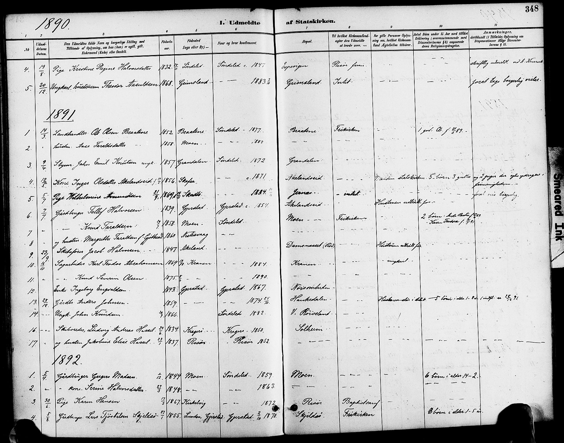 Søndeled sokneprestkontor, SAK/1111-0038/F/Fa/L0005: Parish register (official) no. A 5, 1889-1899, p. 348