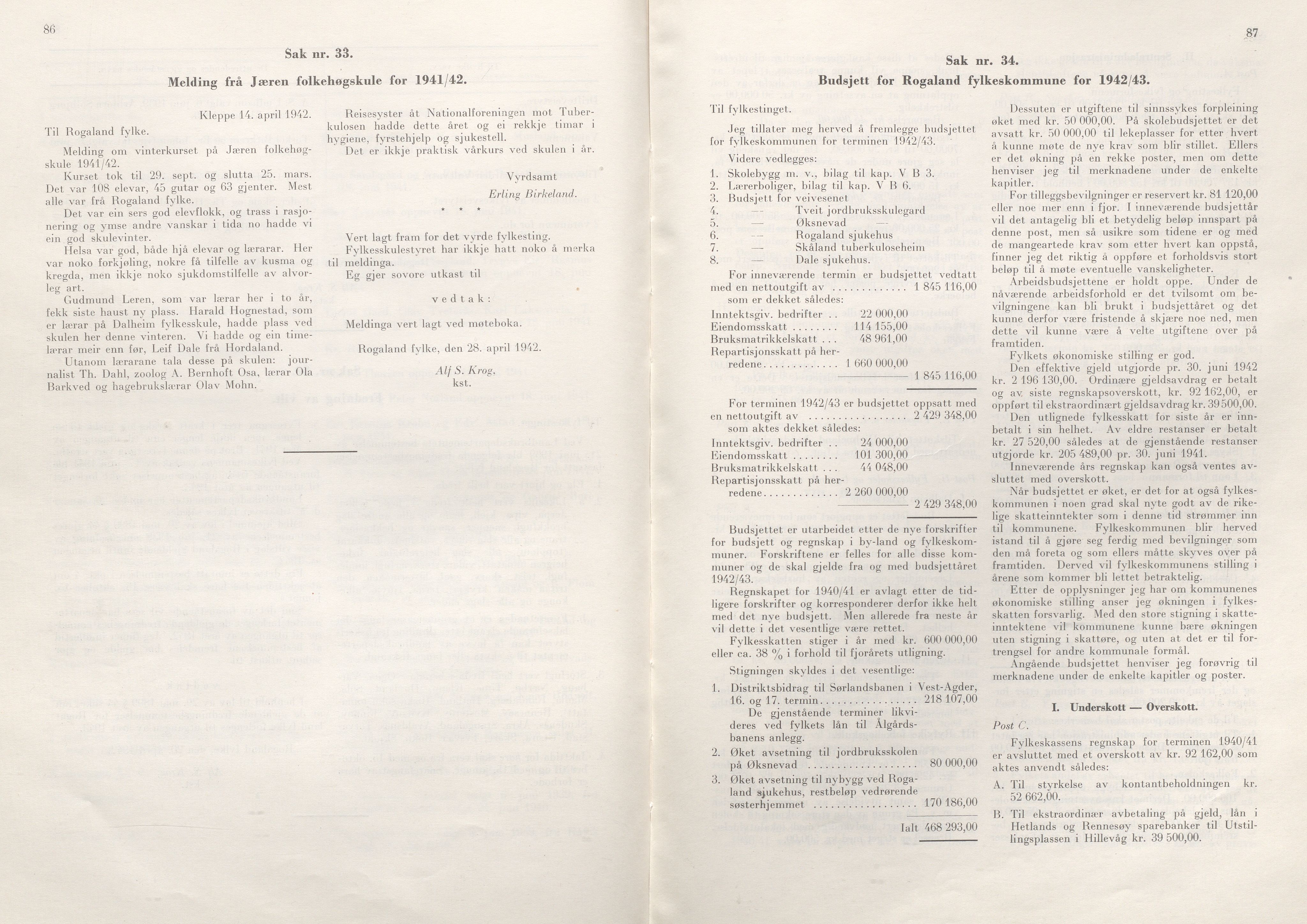 Rogaland fylkeskommune - Fylkesrådmannen , IKAR/A-900/A/Aa/Aaa/L0061: Møtebok , 1942, p. 86-87