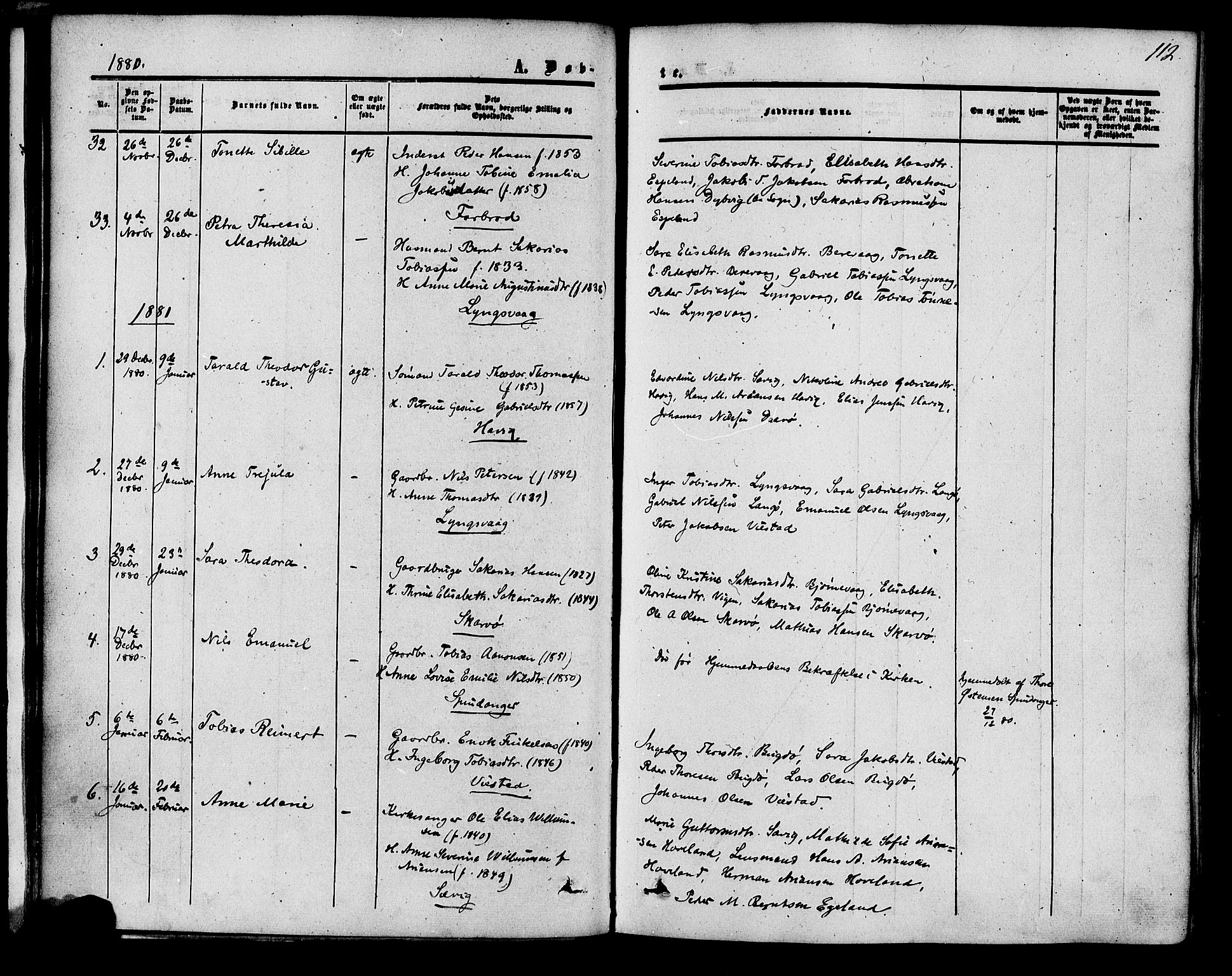 Herad sokneprestkontor, SAK/1111-0018/F/Fa/Fab/L0004: Parish register (official) no. A 4, 1853-1885, p. 112