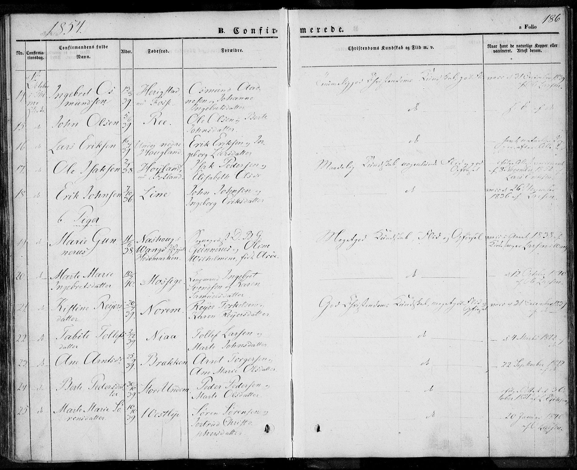 Lye sokneprestkontor, AV/SAST-A-101794/001/30BA/L0005: Parish register (official) no. A 5.1, 1842-1855, p. 186