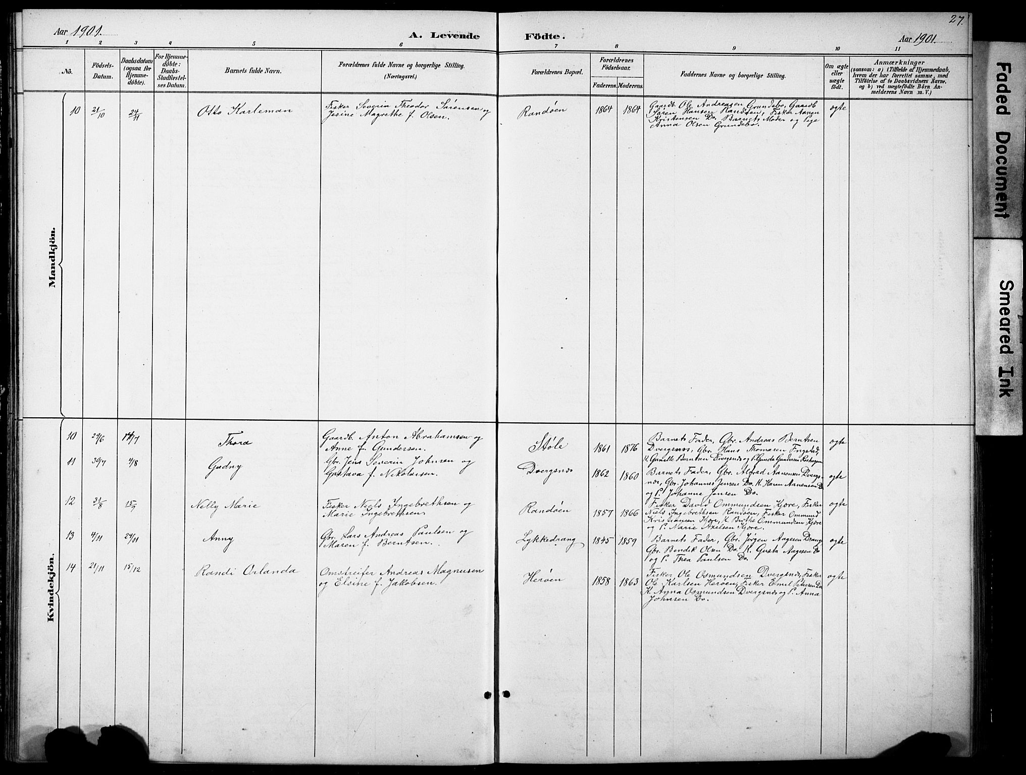 Oddernes sokneprestkontor, SAK/1111-0033/F/Fb/Fbb/L0002: Parish register (copy) no. B 2, 1889-1933, p. 27