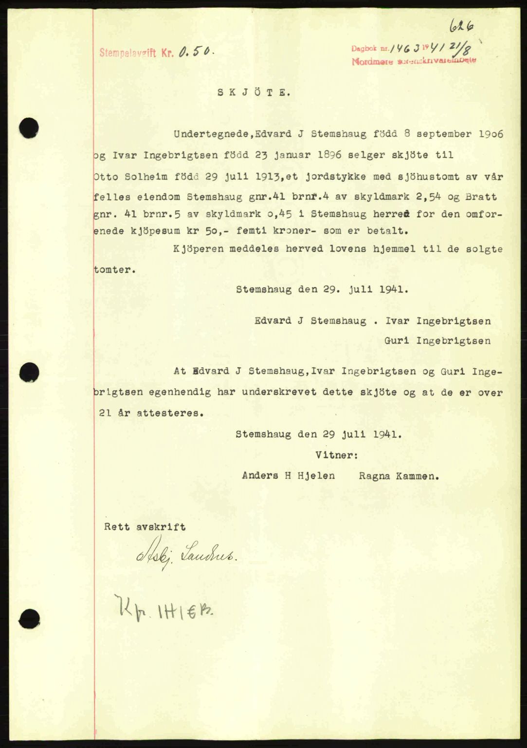 Nordmøre sorenskriveri, SAT/A-4132/1/2/2Ca: Mortgage book no. A90, 1941-1941, Diary no: : 1463/1941
