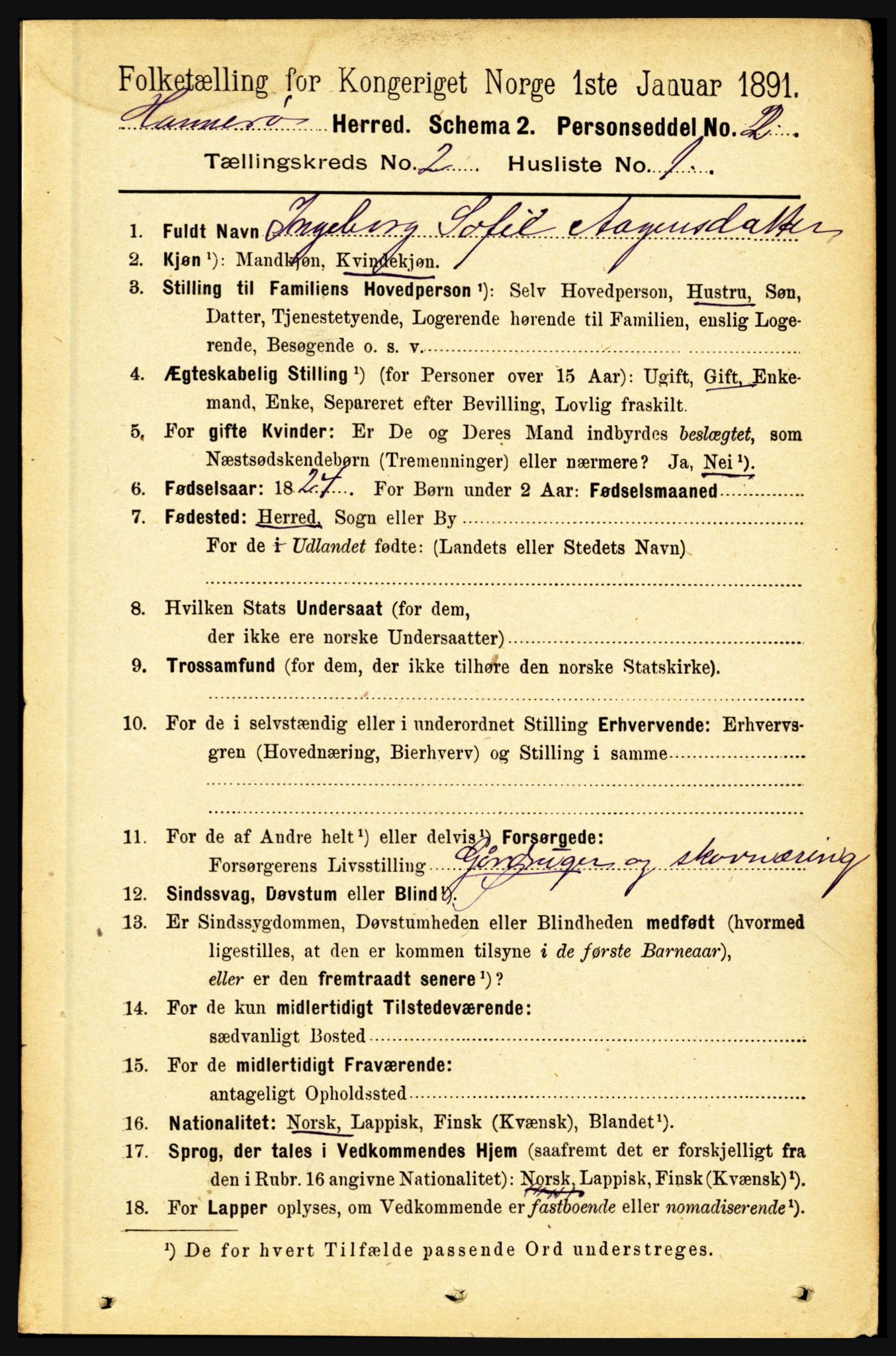 RA, 1891 census for 1849 Hamarøy, 1891, p. 581