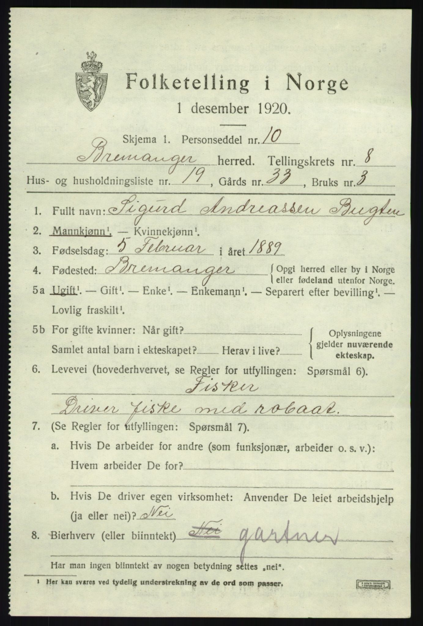 SAB, 1920 census for Bremanger, 1920, p. 5036