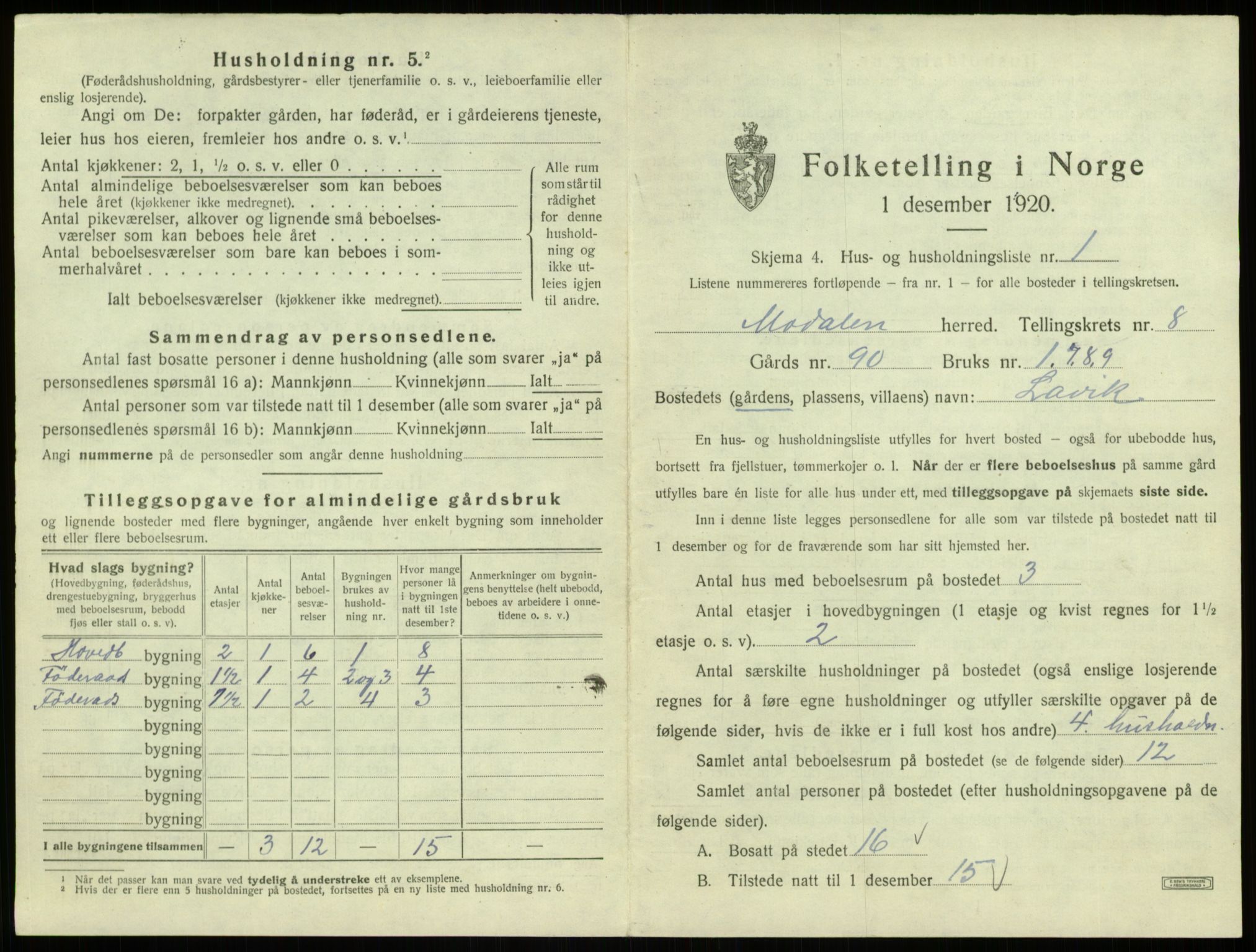 SAB, 1920 census for Modalen, 1920, p. 214