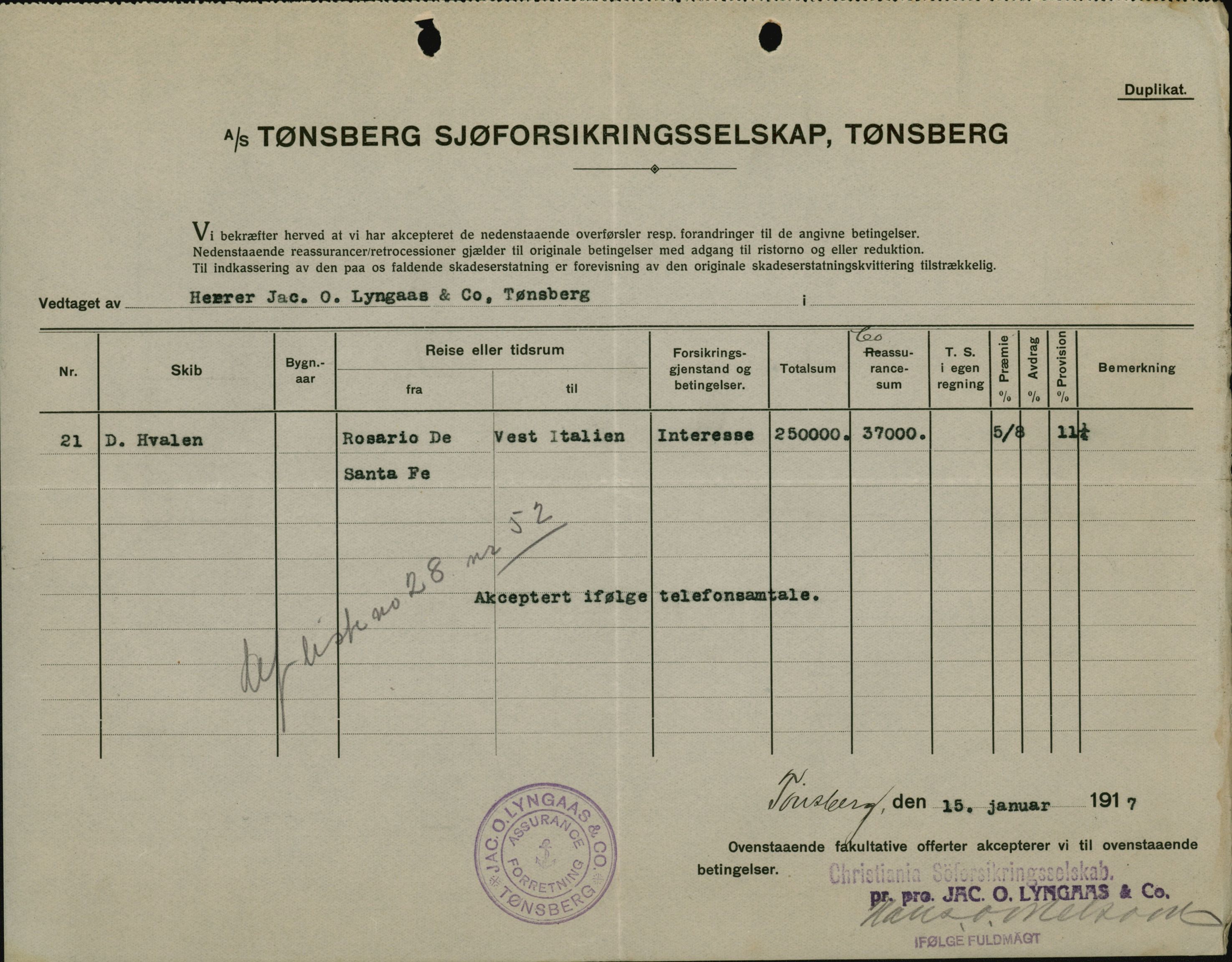 Pa 664 - Tønsberg Sjøforsikringsselskap, VEMU/A-1773/F/L0001: Forsikringspoliser, 1915-1918